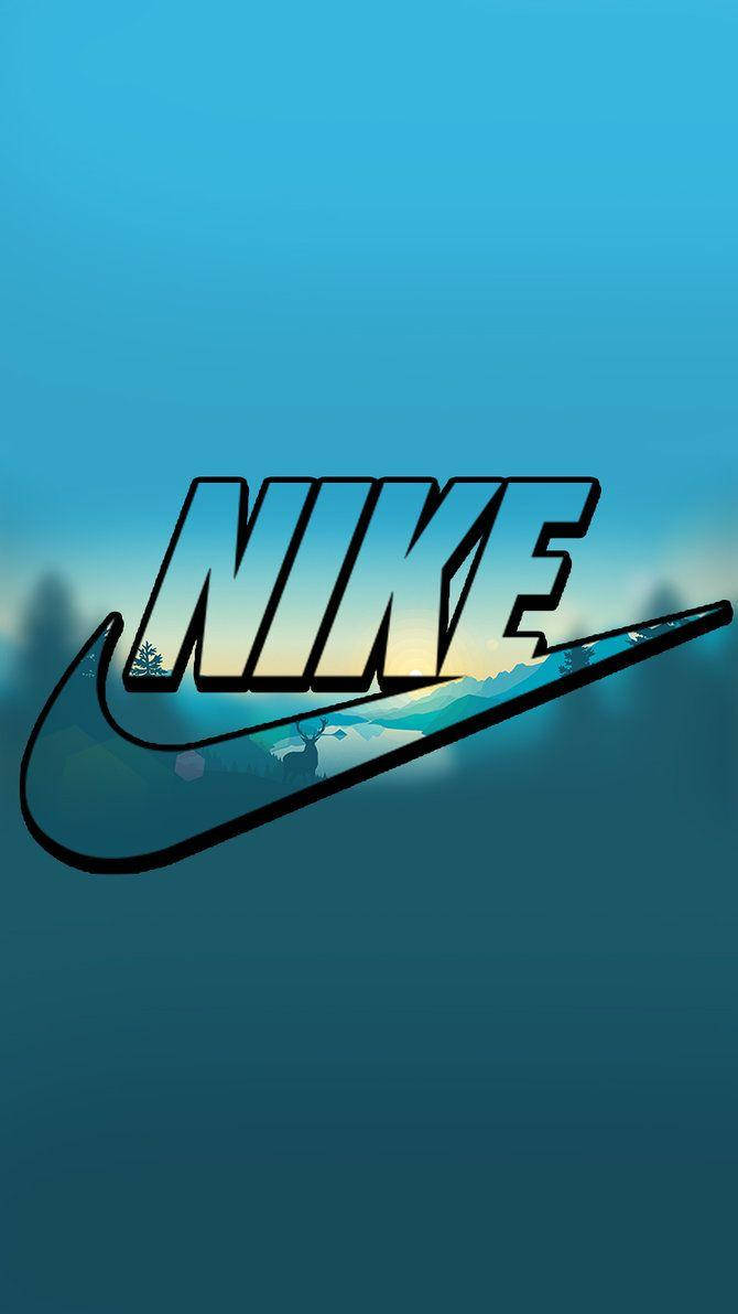 Nike iPhone 桌布 壁紙 — Nike 標誌，Swoosh 內有山峰剪影，背景為漸變藍天。