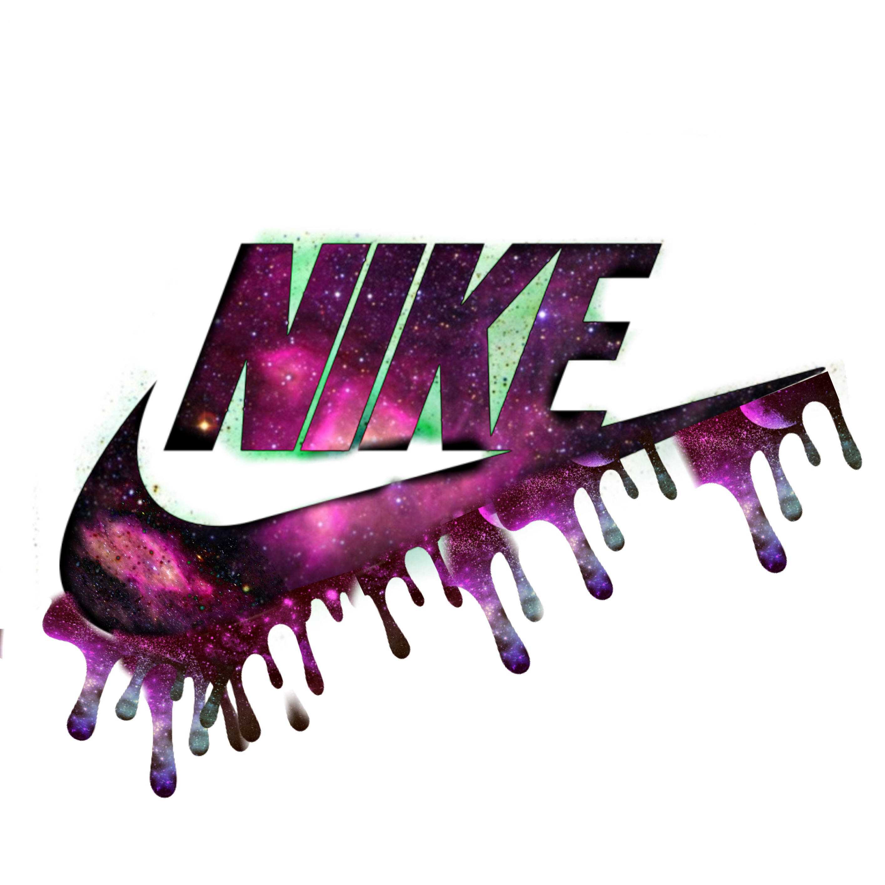 Black Drippy 桌布 壁紙 — Nike 標誌充滿充滿活力的紫色星系星星和滴落油漆效果，背景為白色。