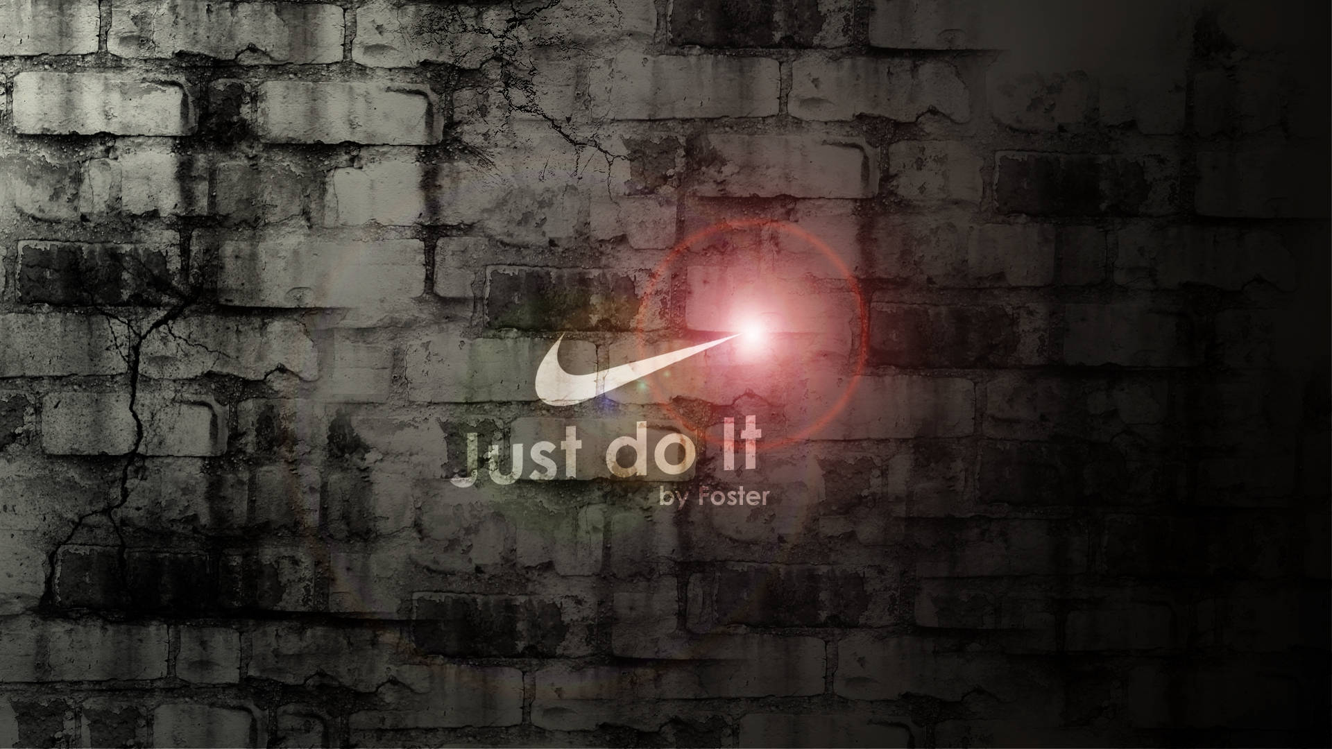 就去做吧 桌布 壁紙 — Nike 標誌帶有 'Just do it' 文字在裂縫磚牆上發光，帶紅色鏡頭光暈。