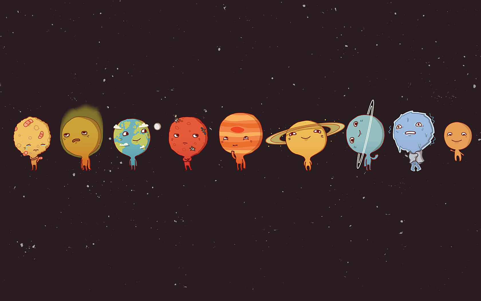  壁紙 — 九個帶有面孔和四肢的卡通行星漂浮在星光閃爍的黑暗太空背景中。