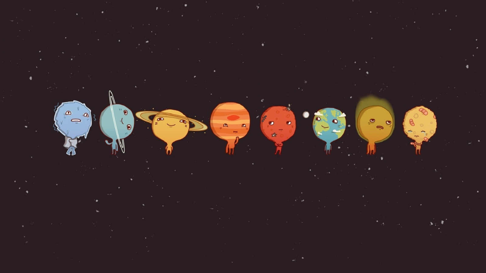  壁紙 — 九個可愛的卡通星球帶有臉孔，漂浮在星光閃爍的黑暗太空背景中。