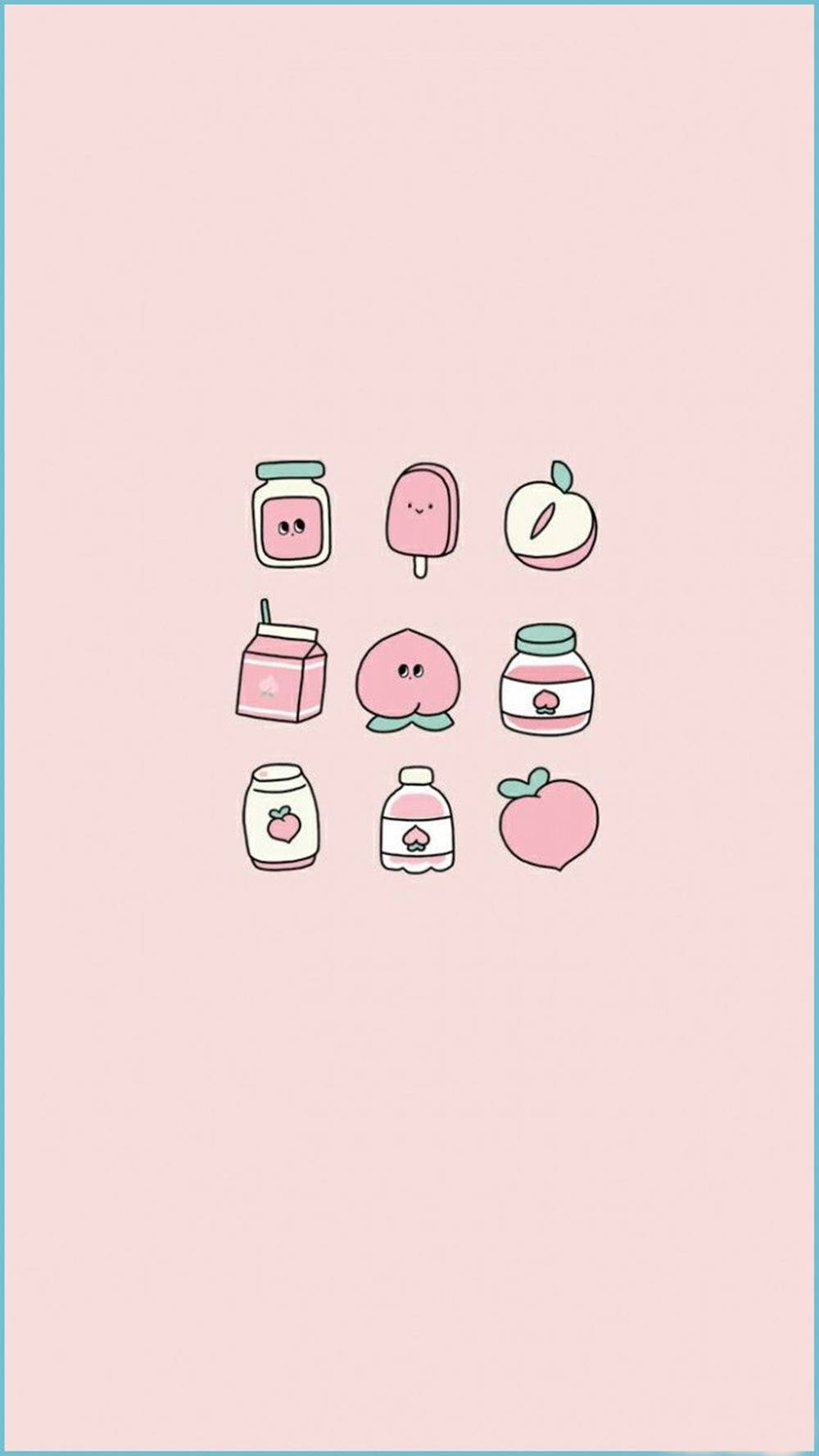 九個微笑的桃子主題食物在粉紅色背景上。 — iPad 壁紙