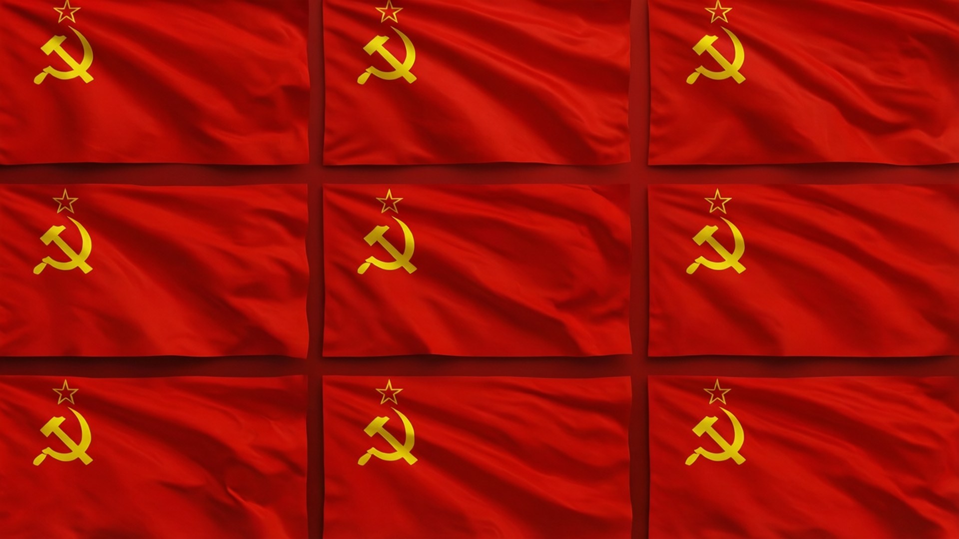 Flag Grid Pattern 壁紙 — 九面帶有金色鎚子鐮刀和星星的紅色蘇聯旗幟在深紅色背景上整齊劃一地飄揚。