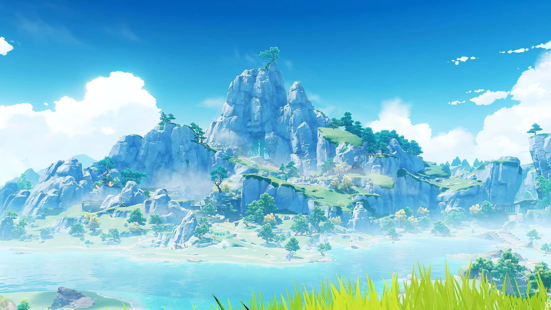  壁紙 — 寧靜的動漫風格山景，碧綠清澈的水域和茂密的綠植，在明亮的藍天下。