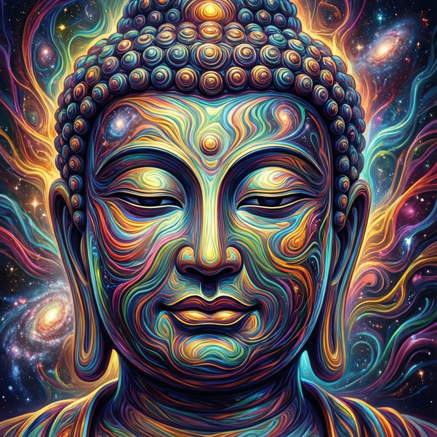 Cosmic Buddha Abstract 壁紙 — 一個寧靜的佛陀頭像，帶有旋轉的宇宙色彩和從其冠冕和肩膀流出的星系。