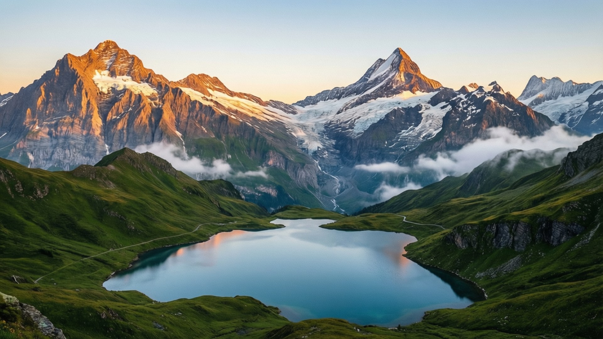 Swiss Landscape 桌布 壁紙 — 寧靜的高山湖泊映照著白雪覆蓋的山峰和金色的日出光芒，雲朵在山谷中飄移。