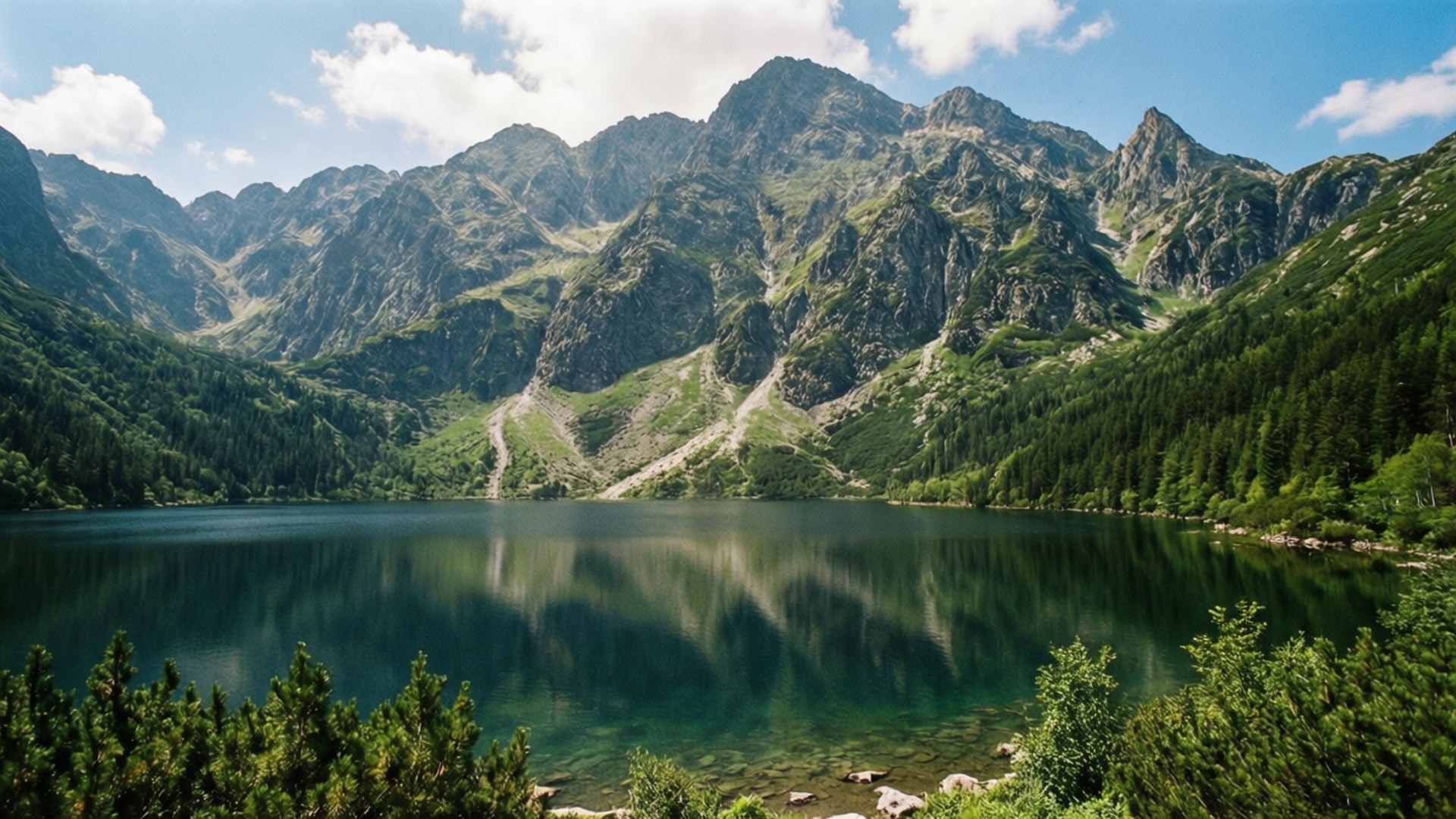 Morskie Oko Reflection 壁紙 — 寧靜的高山湖泊映照著鋸齒狀的綠色山脈，在明亮的藍天和蓬鬆的白雲下。