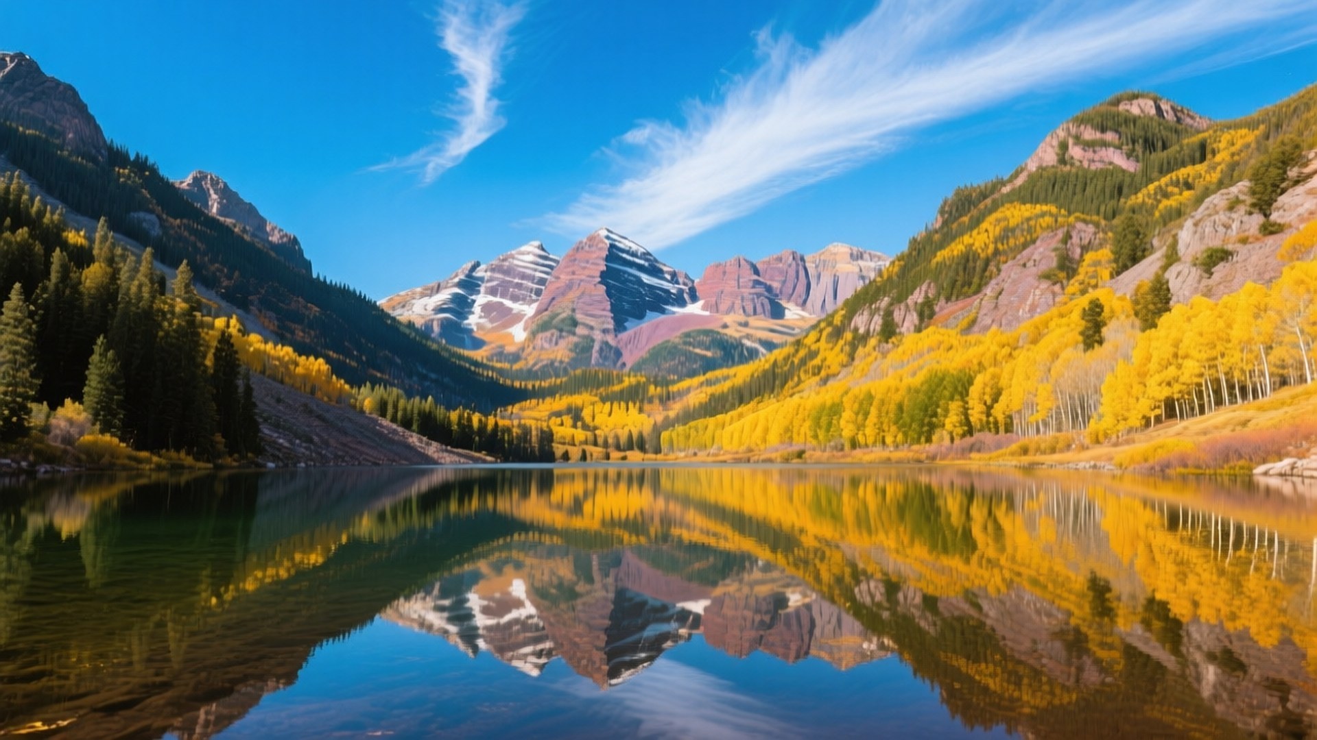 Maroon Bells Autumn Reflection 壁紙 — 寧靜的湖面映照著白雪覆蓋的山峰和金色的白楊林，天空湛藍，雲朵輕柔。