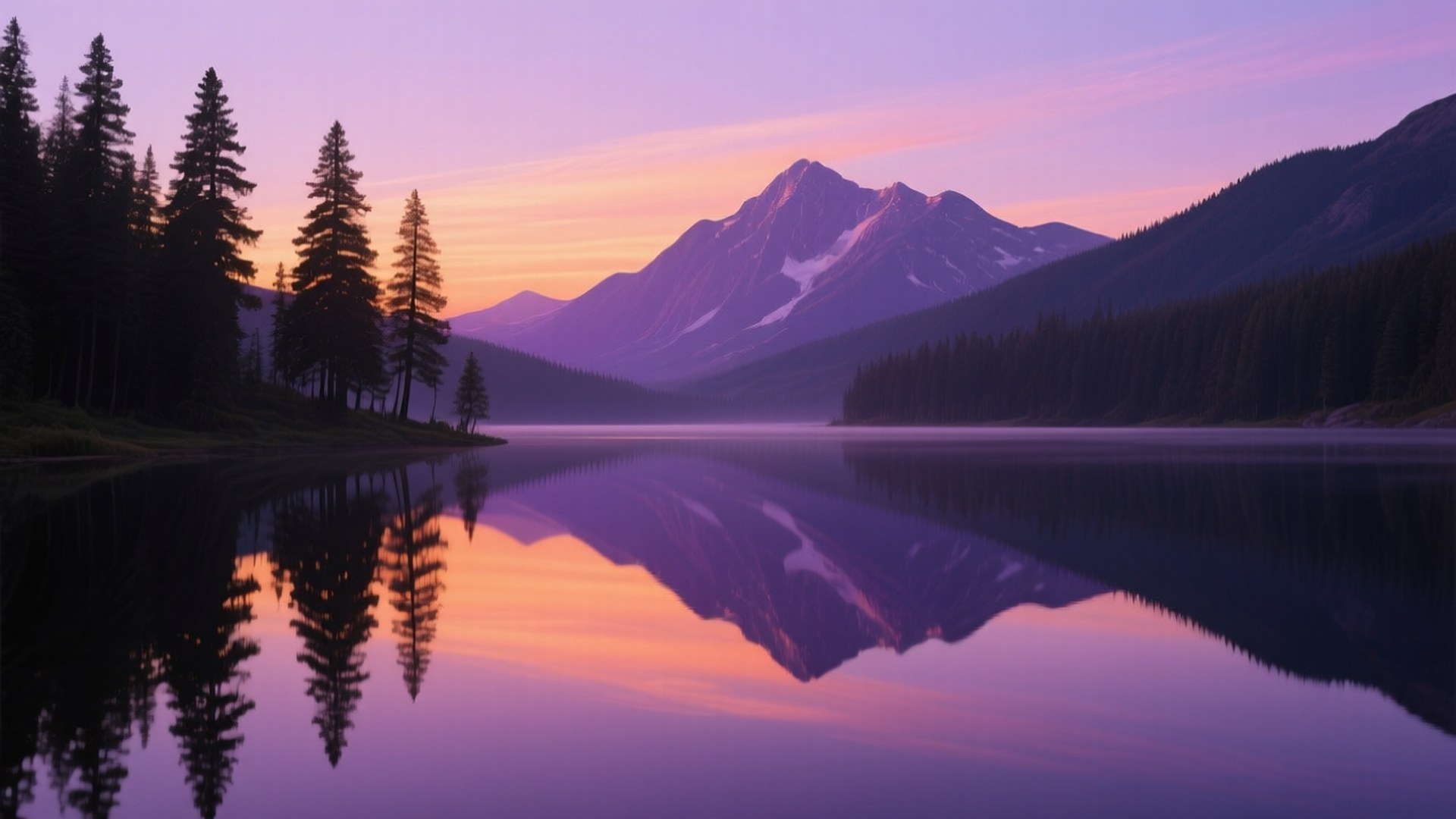 Mountain Lake Sunrise 壁紙 — 寧靜的湖面映照著積雪的山峰和高聳的松樹，天空呈現出充滿活力的紫色和橙色日落。