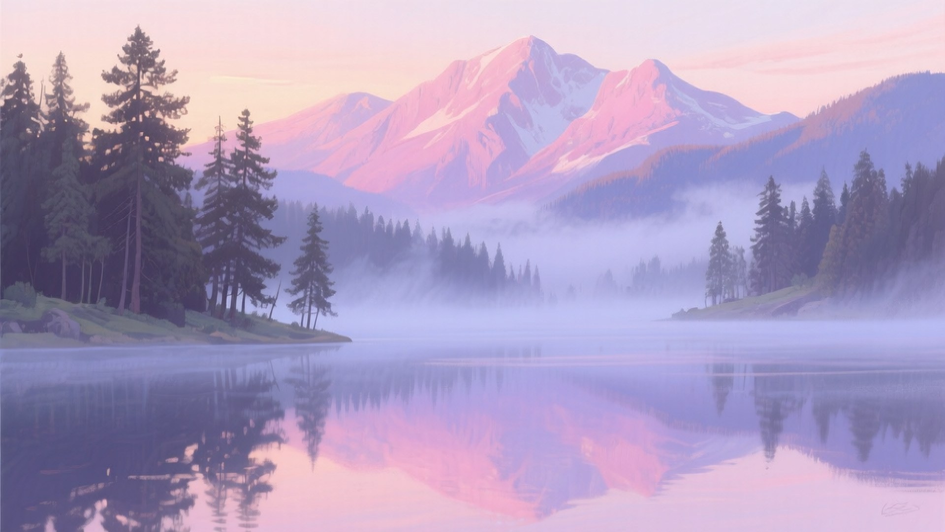 Serene Mountain Mist 壁紙 — 寧靜的湖面映照著積雪的山脈和松樹，在柔和的粉紫色黎明天空下。