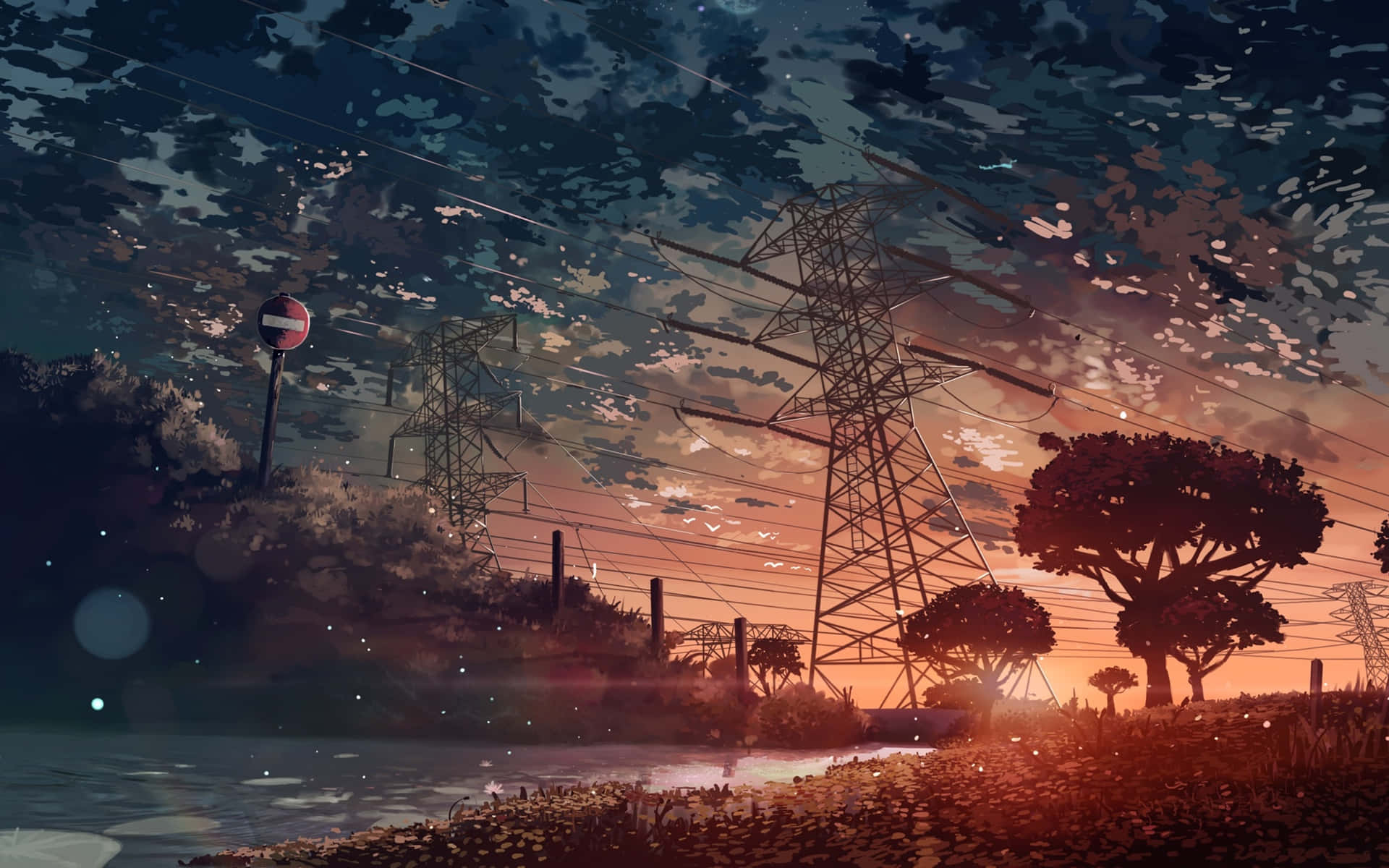  壁紙 — 寧靜的黃昏場景，電線在溫暖的橙色和涼爽的藍色色調的天空中延伸，下方是平靜的水道。