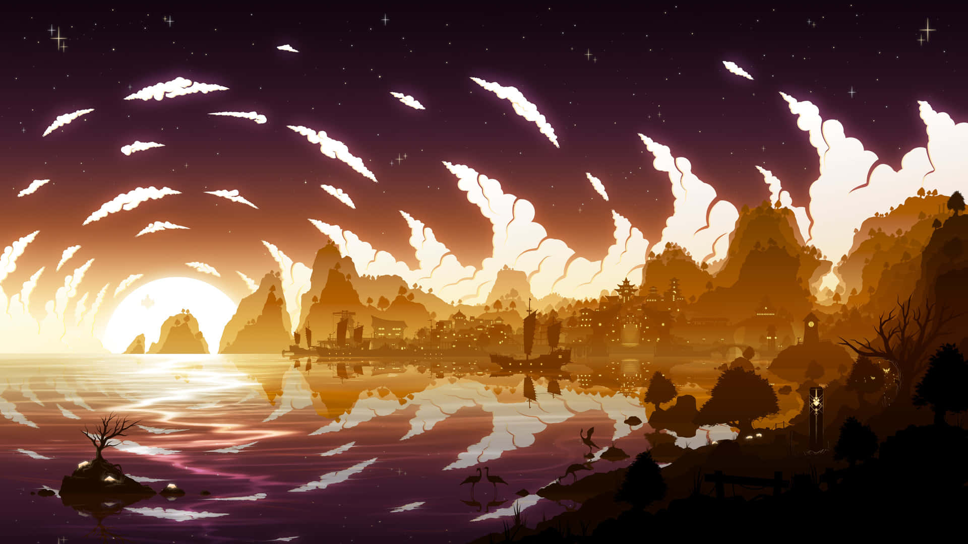  壁紙 — 寧靜的黃昏場景，發光的太陽在平靜的湖面上落下，映照出鋸齒狀的山脈和星空下遙遠的村莊。