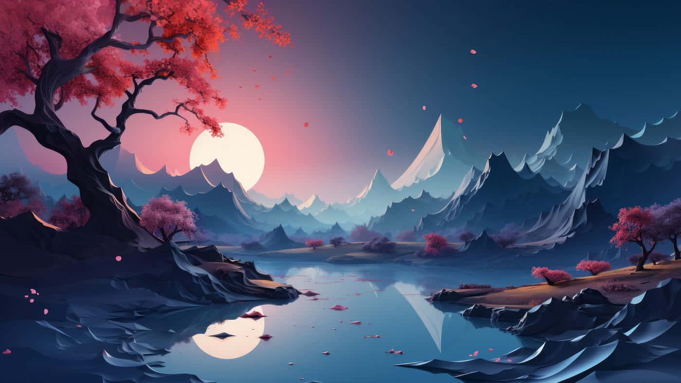  壁紙 — 寧靜的黃昏場景，盛開的櫻花樹倒映在平靜的湖面上，周圍是鋸齒狀的山脈，一輪明月高懸。