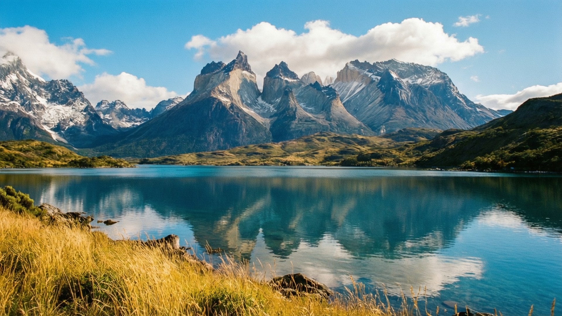 Torres del Paine Lake Reflection 壁紙 — 寧靜的藍綠色湖泊映照著崎嶇的雪山，上方是明亮的藍天和蓬鬆的白雲。