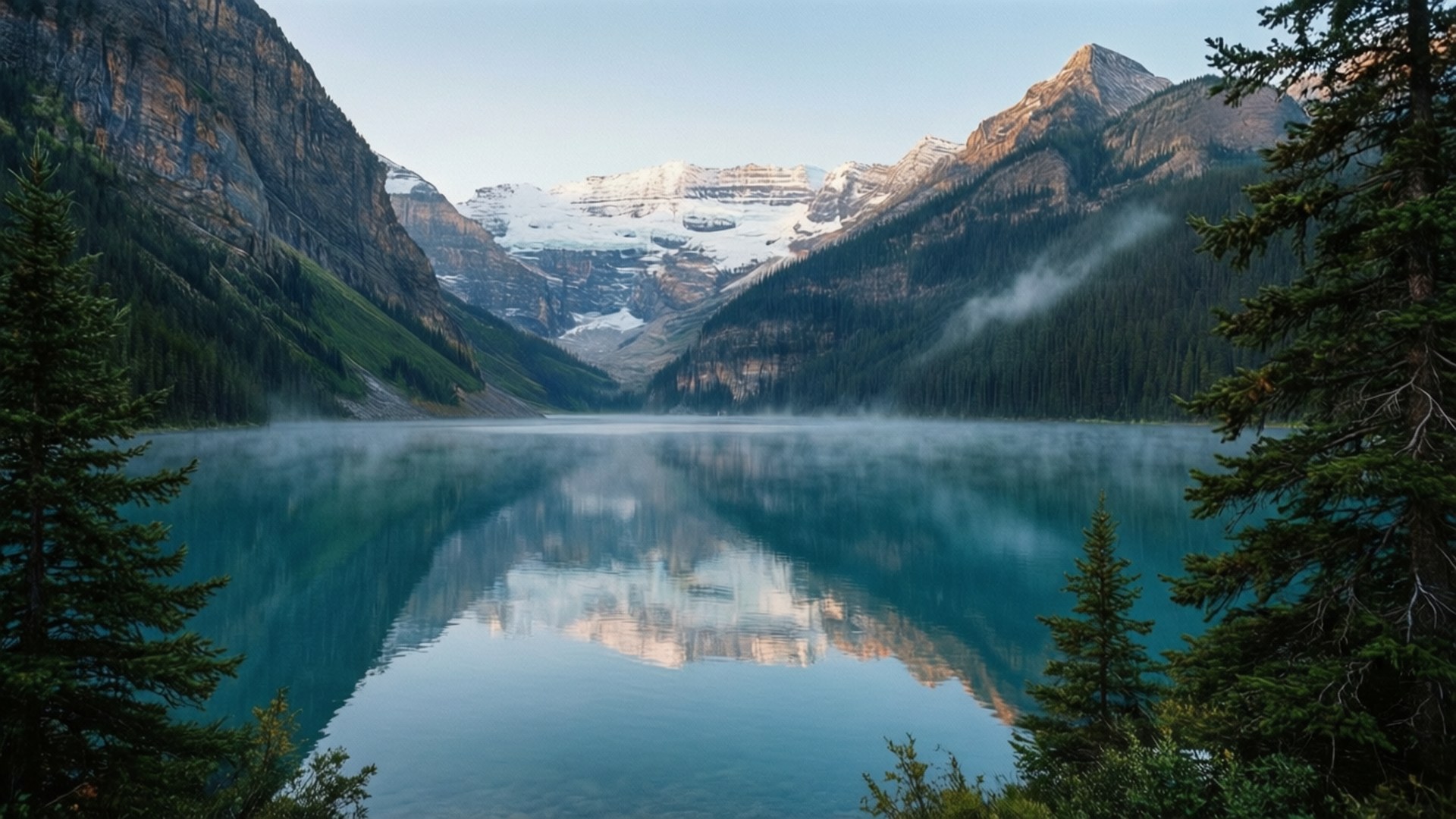 Lake Louise Serenity 壁紙 — 寧靜的綠松石色湖泊映照著白雪覆蓋的山脈和常綠森林，在柔和的黎明天空下。