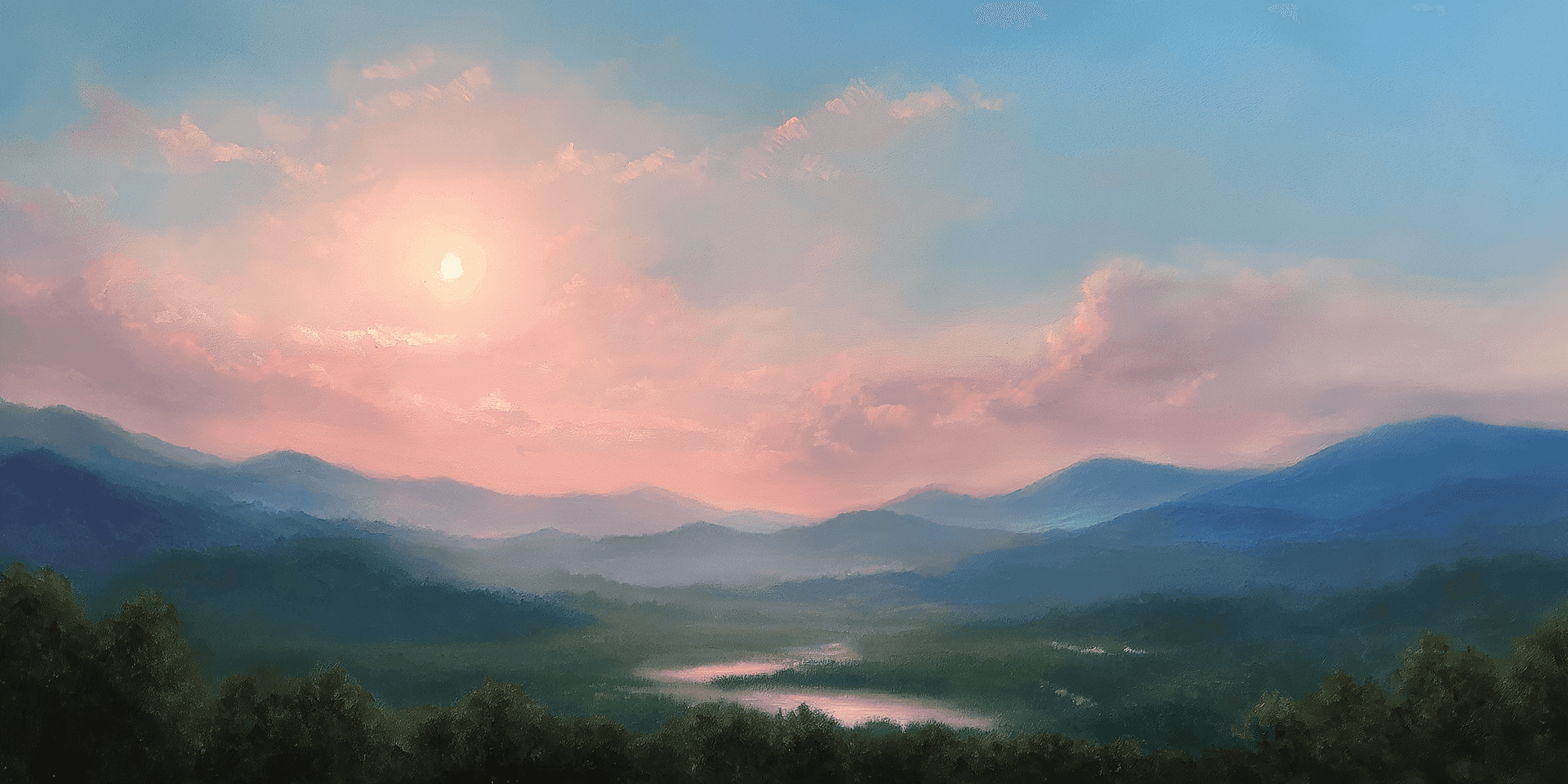 日出於霧氣山巒，前景有蜿蜒河流和森林 — Pastel 壁紙