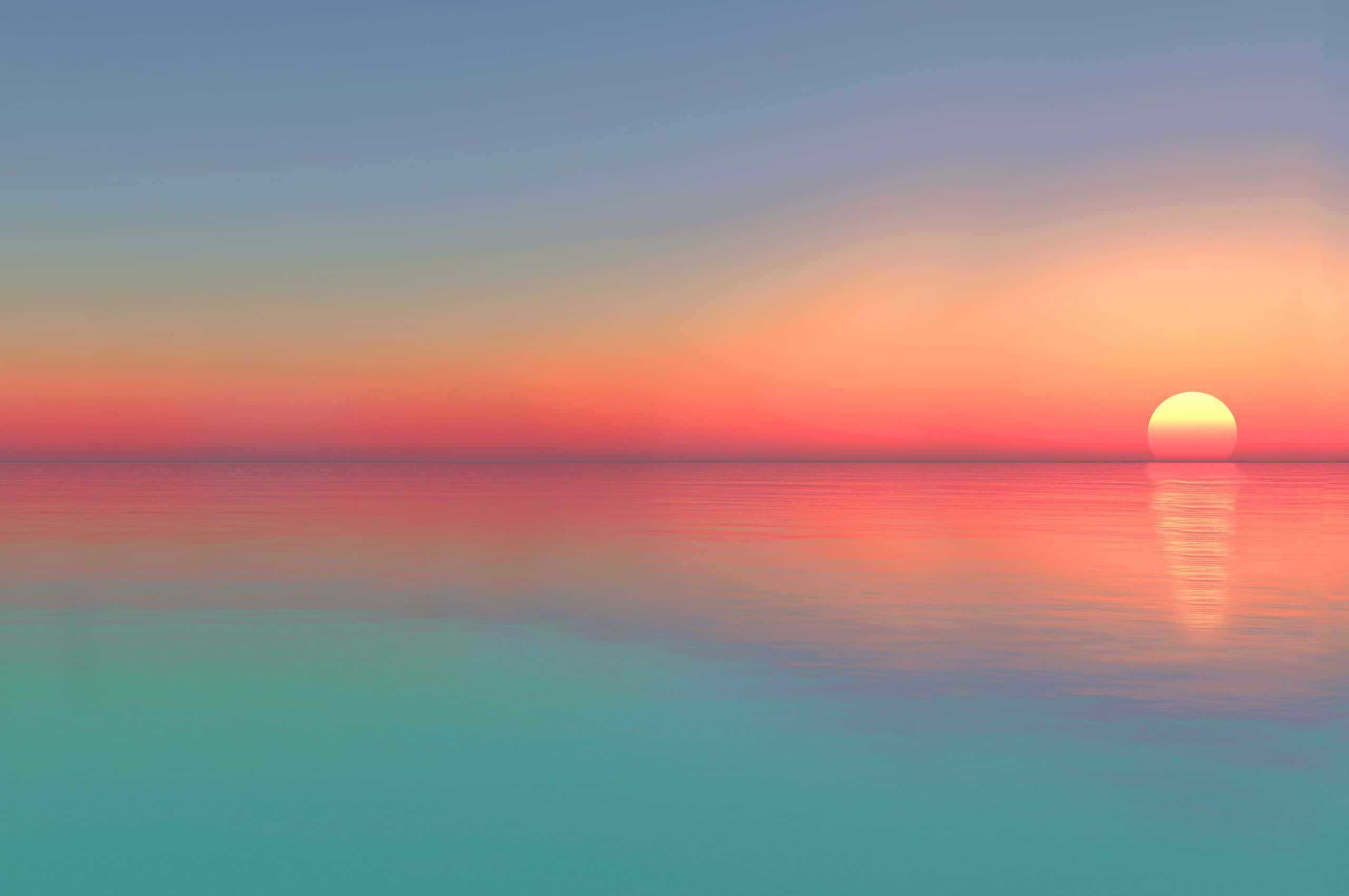 Sunset Painting 桌布 壁紙 — 寧靜的日落，一顆發光的太陽懸浮在平靜的水面上，反射出充滿活力的粉紅色和藍綠色調。
