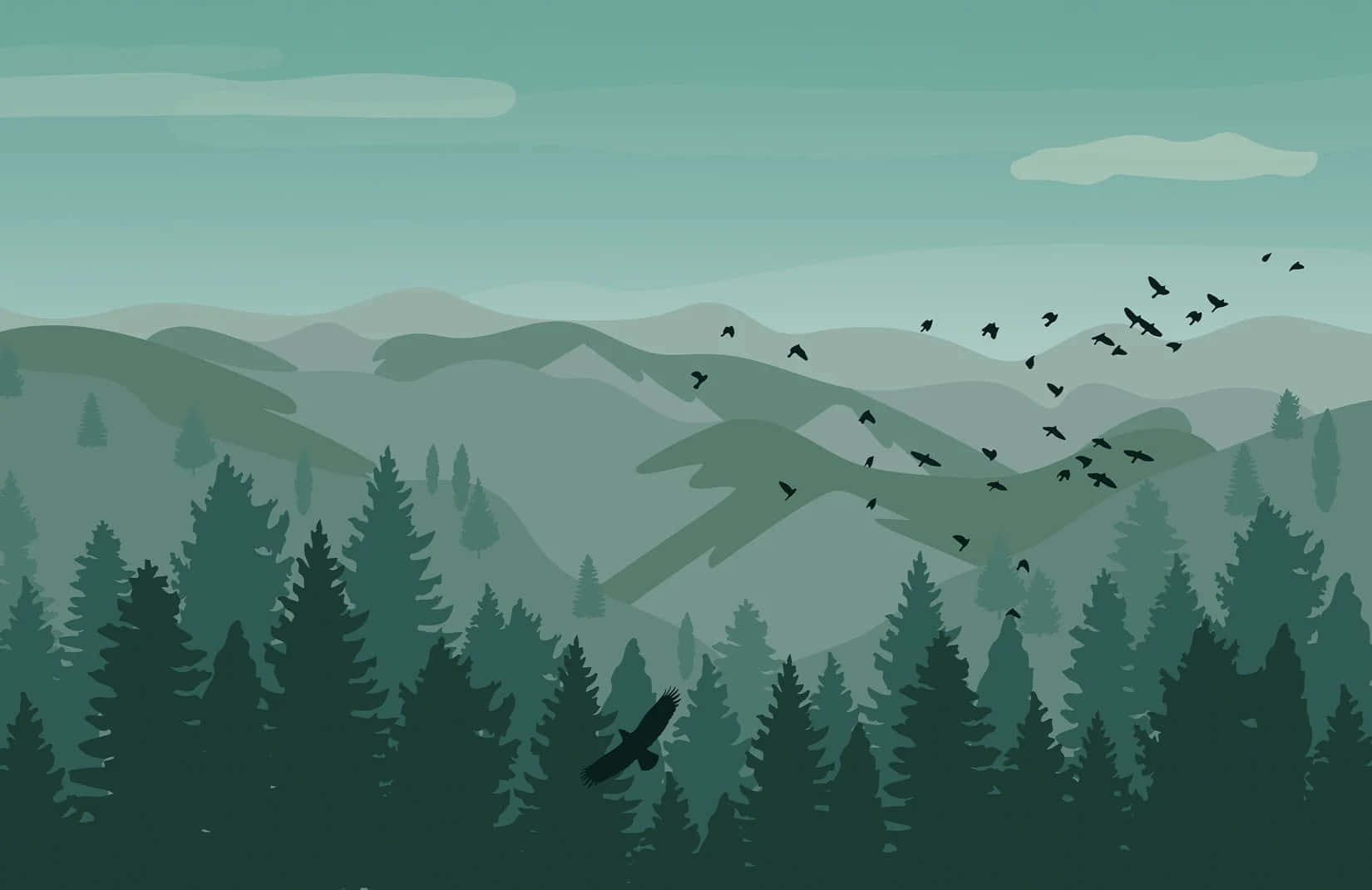  壁紙 — 寧靜的山景，有常綠森林和一群鳥在柔和的青綠色天空中飛翔。