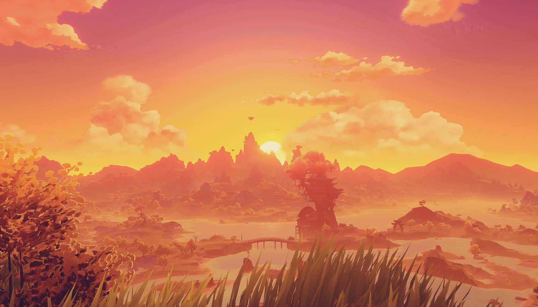  壁紙 — 寧靜的夕陽以溫暖的橙色和粉紅色調沐浴著奇幻景觀，遠山和浮島點綴其間。