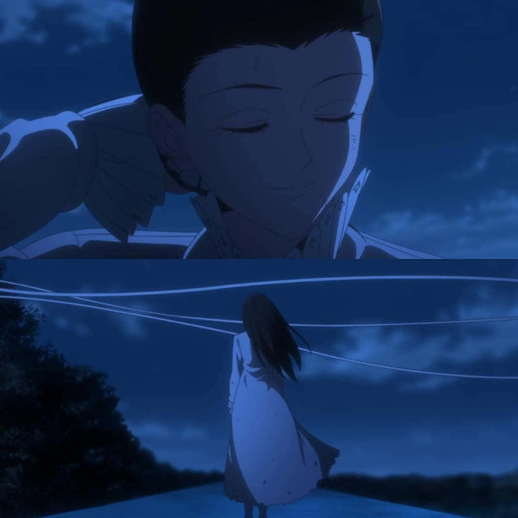 The Promised Neverland Isabella 桌布 壁紙 — 一個寧靜的夜晚動漫場景，上方有一個微笑的男人，下方有一個穿著白色連衣裙的孤獨女人，在深藍色的天空下。