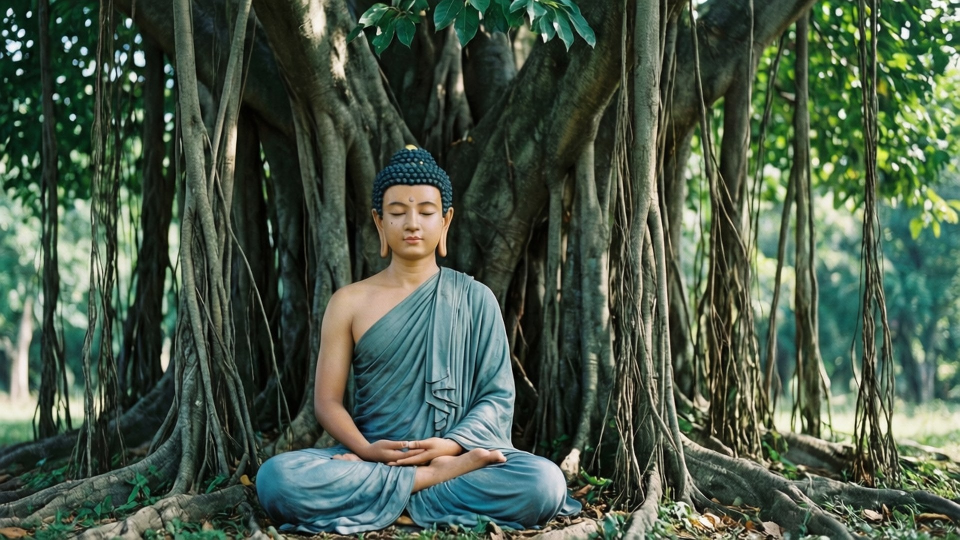 Buddha Under Bodhi Tree 壁紙 — 一尊身穿藍袍的寧靜佛像，在茂密翠綠的榕樹伸展的樹根下平靜地冥想。