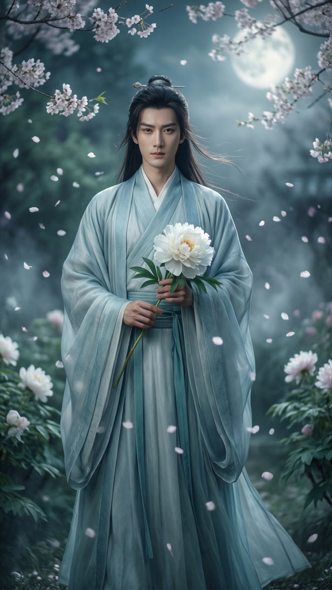Jinshi 桌布 壁紙 — 一位寧靜的男子身穿飄逸的藍色長袍，在滿月下、飄落的櫻花中手持一朵白色牡丹。