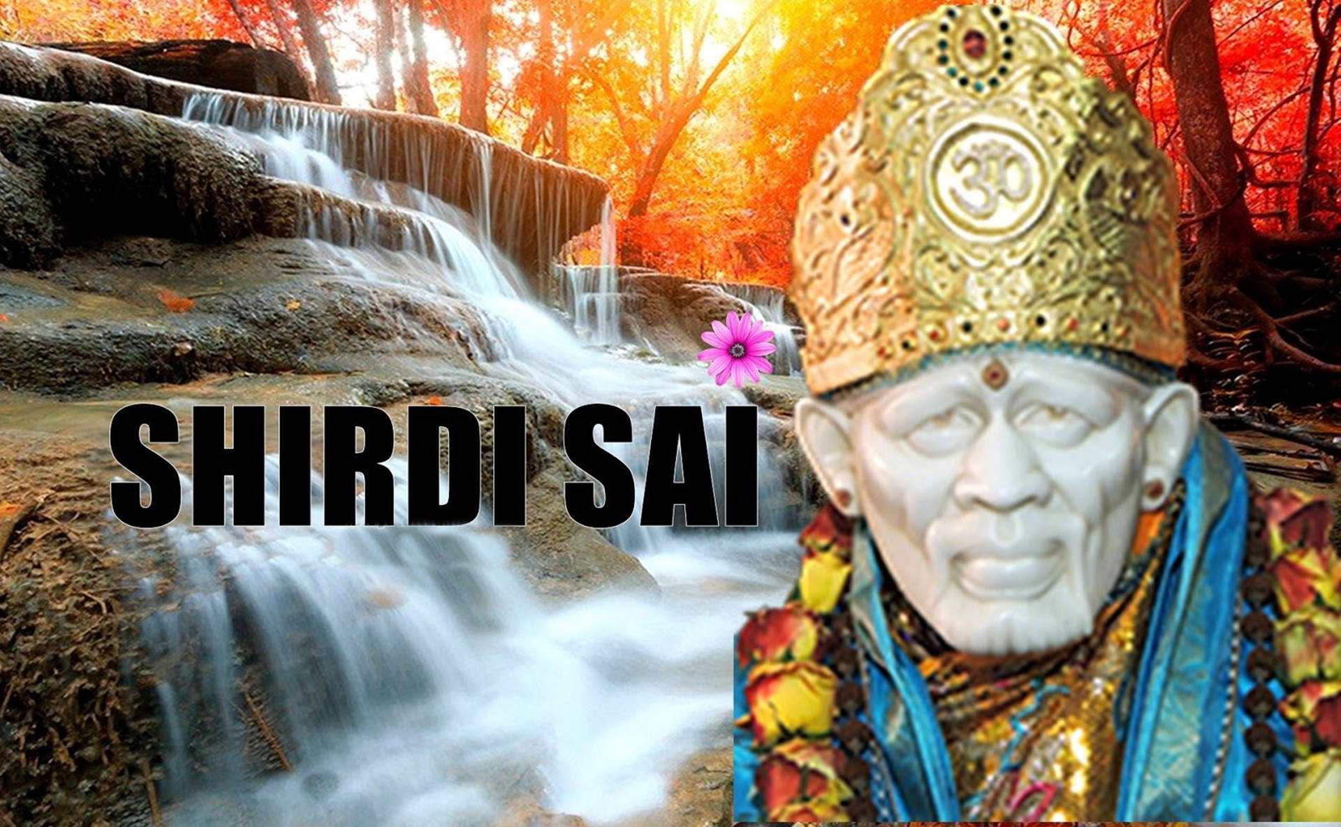 秋天森林中流動的瀑布旁的 Shirdi Sai 雕像。 — 4K 壁紙