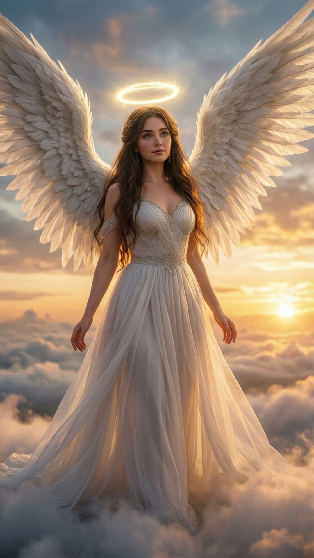 Celestial Angel 壁紙 — 一位寧靜的天使，擁有寬闊的白色翅膀和發光的光環，在金色日落時優雅地站在蓬鬆的雲朵上。