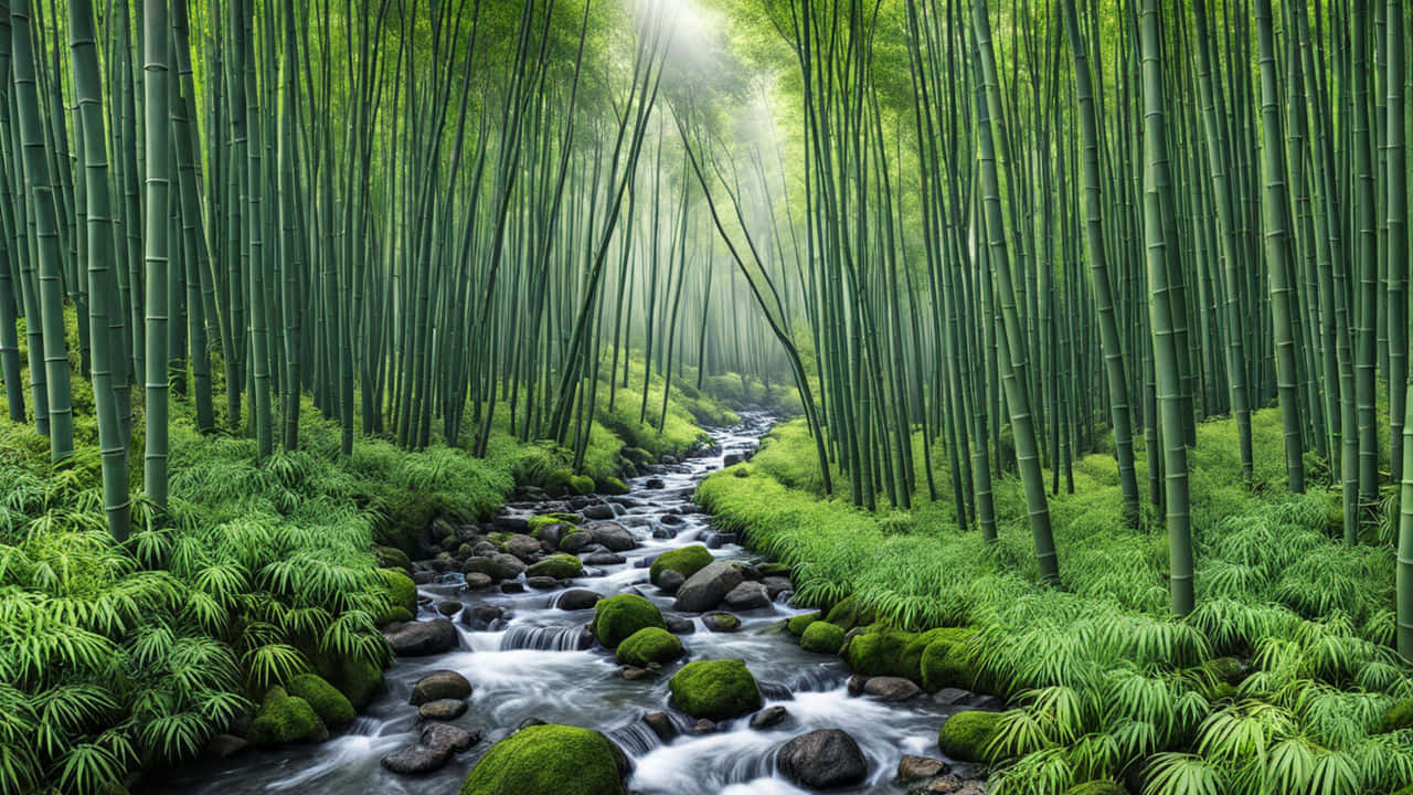  壁紙 — 一片寧靜的竹林，溪流蜿蜒穿過長滿苔蘚的岩石，陽光斑駁。