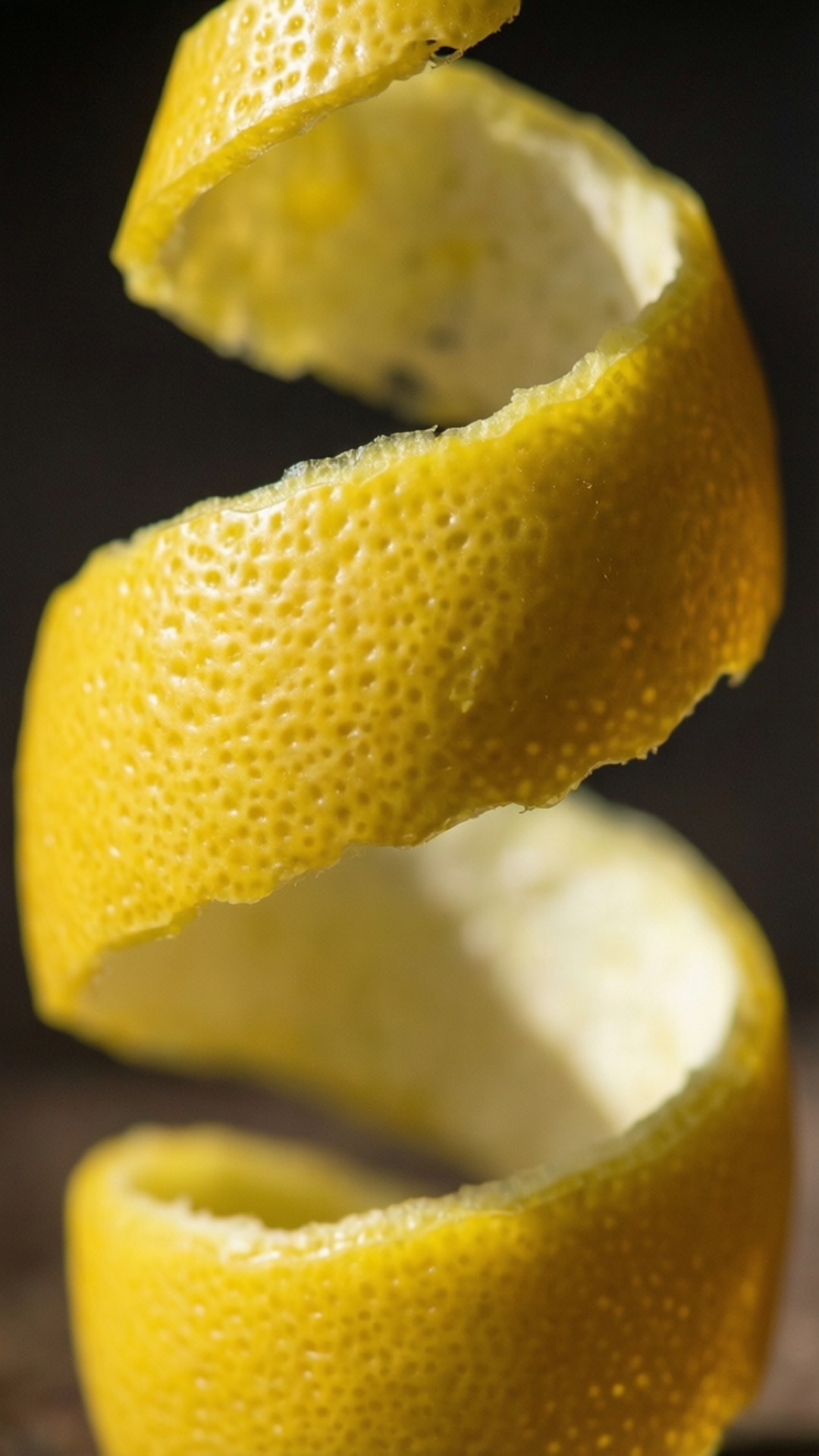Lemon Peel Spiral 壁紙 — 一條充滿活力的黃色檸檬皮在深色背景下戲劇性地螺旋展開，展示其紋理表面。