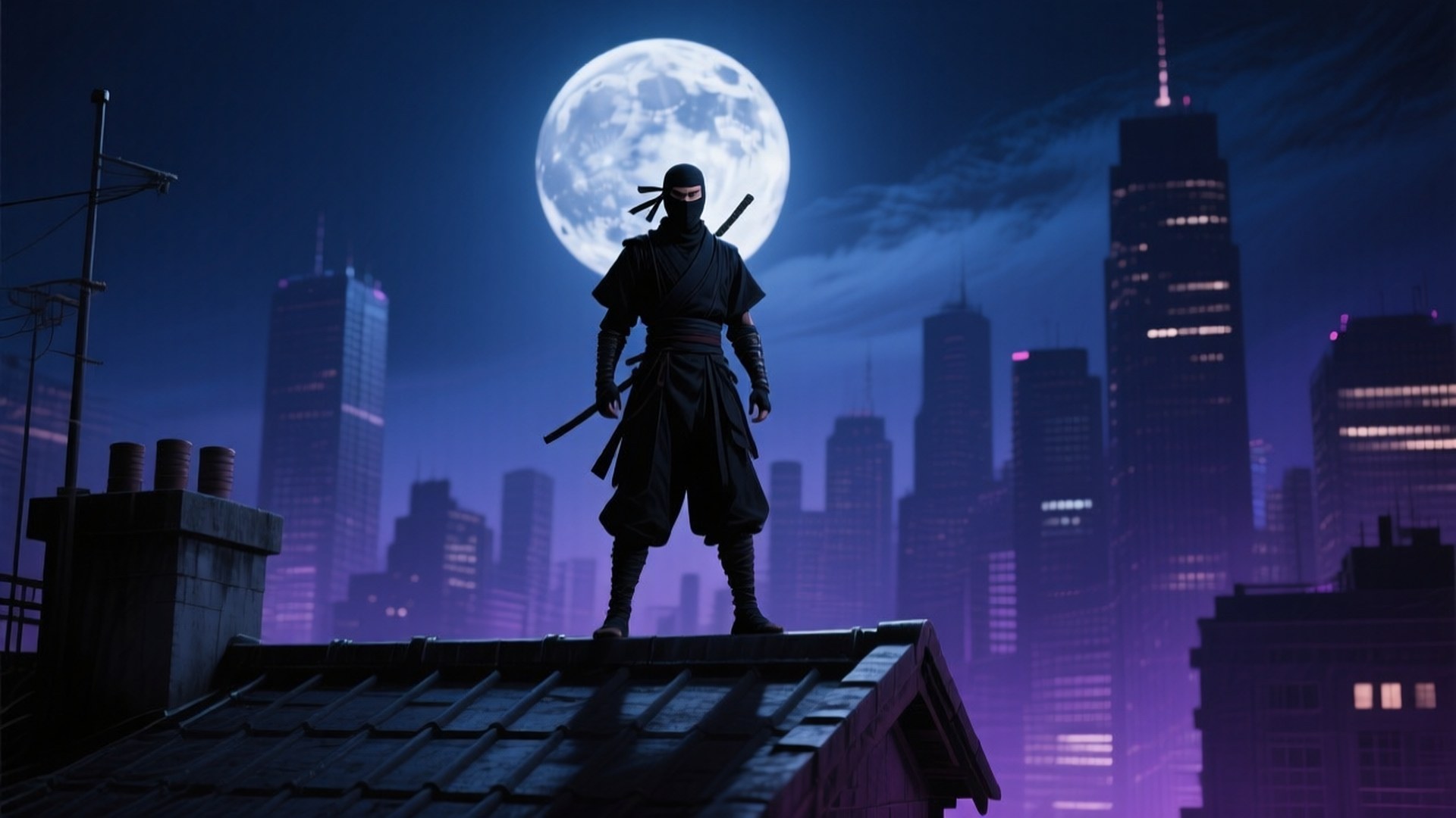 Moonlit Ninja Rooftop 壁紙 — 一名忍者站在屋頂上，背後是巨大的滿月和發光的紫色城市天際線。