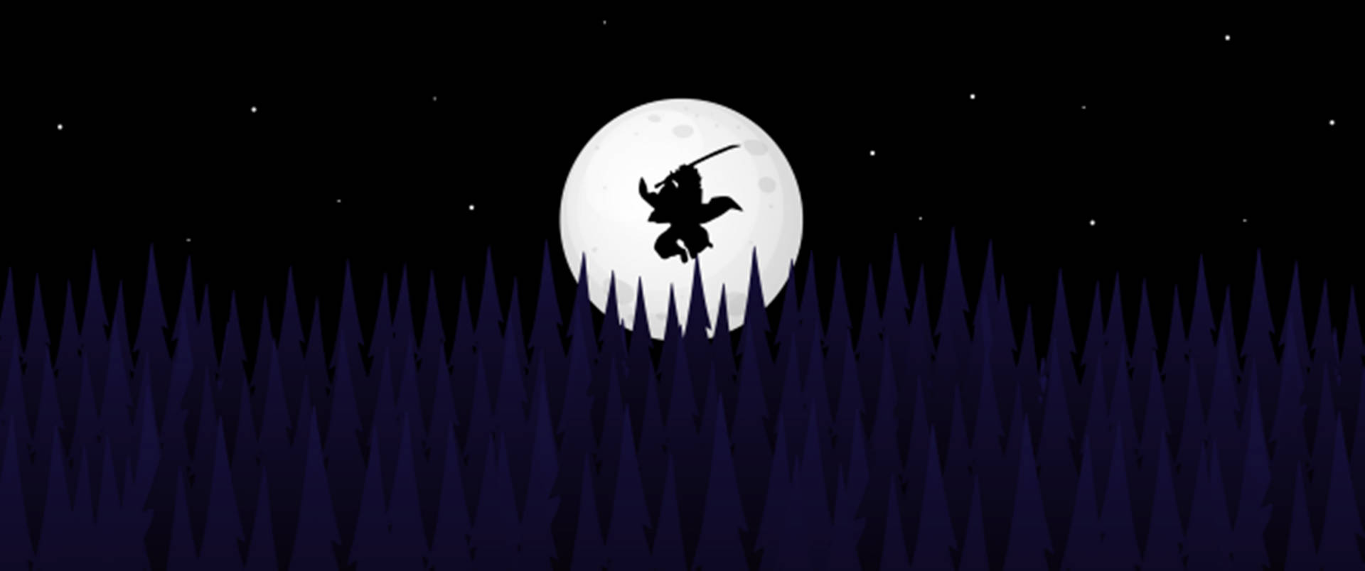 夜間，忍者以剪影形式在黑暗森林上方的滿月前跳躍。 — 3440X1440 壁紙