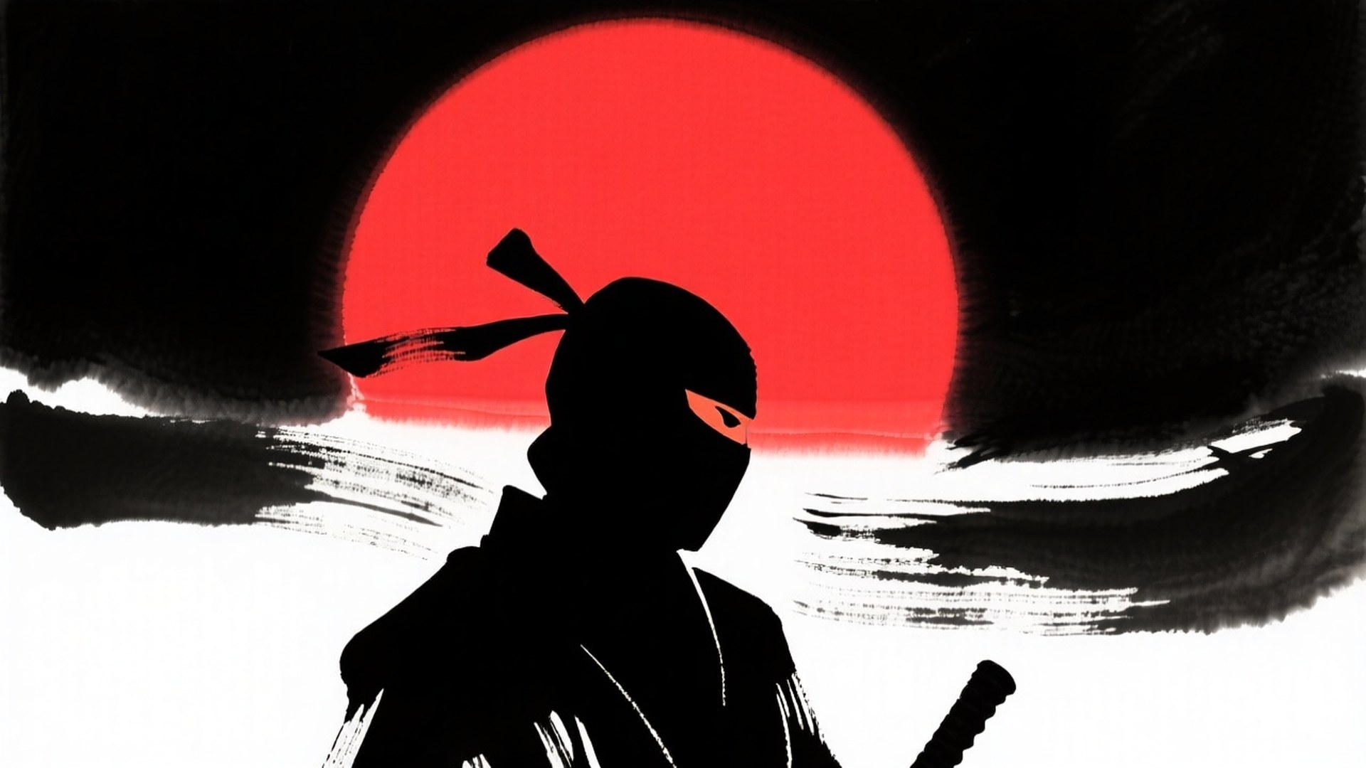 Ninja Sun Silhouette 壁紙 — 一個忍者剪影站在一個大膽的紅太陽前，伴隨著黑色筆觸的雲，呈現極簡日本藝術風格。