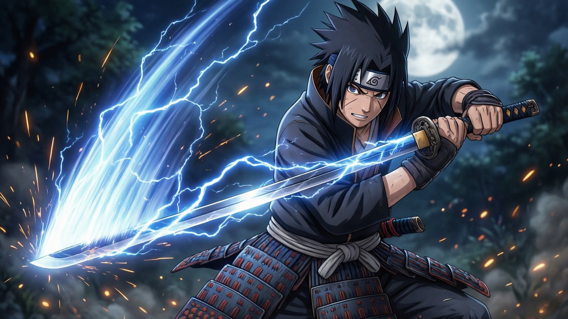 Chidori Katana Slash 壁紙 — 在黑暗的森林中，一名忍者戰士在滿月下揮舞著發光的藍色閃電劍。