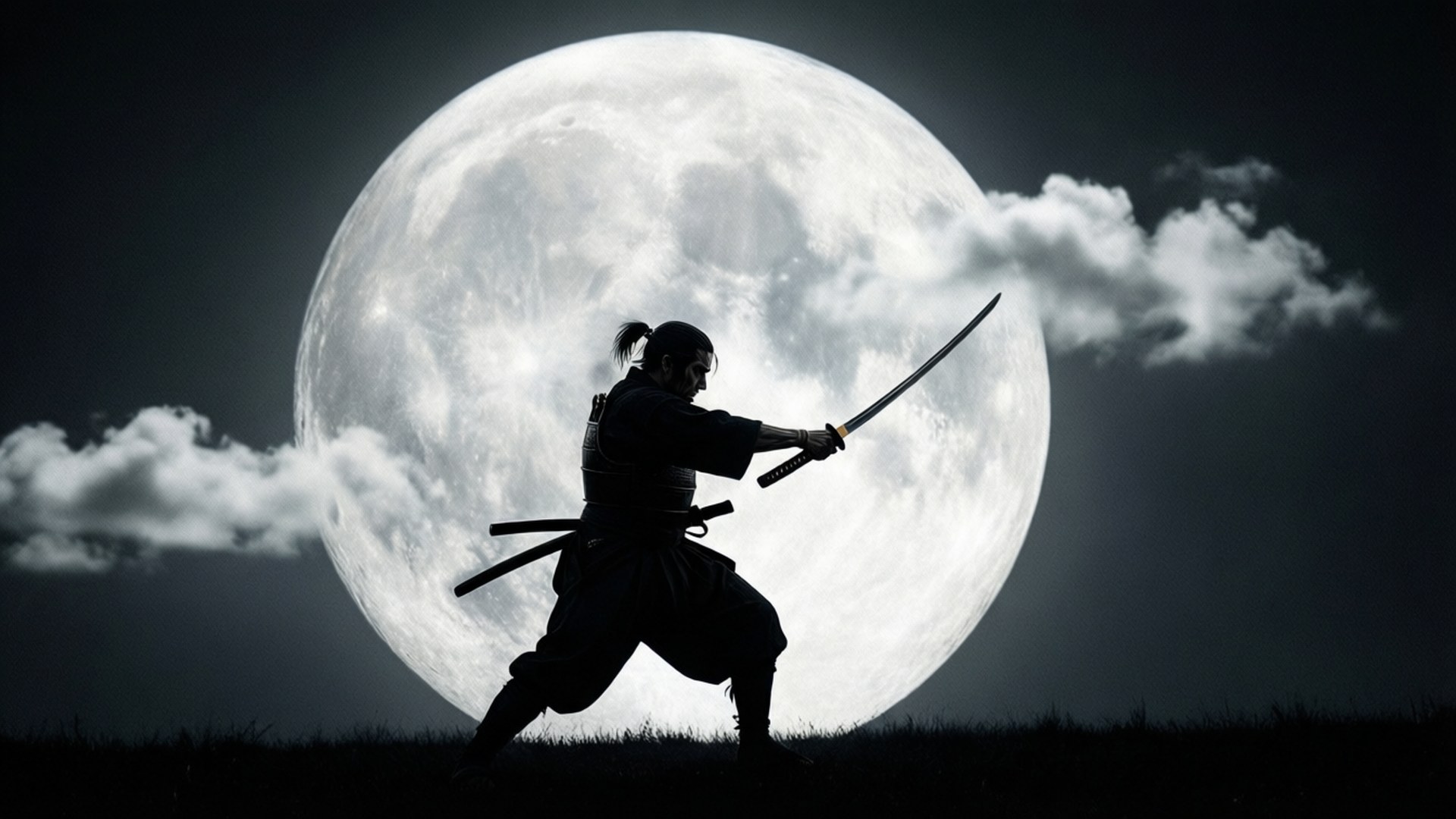 Ronin 桌布 壁紙 — 一名忍者戰士以剪影姿態站立，揮舞武士刀，背景是巨大發光的滿月與飄浮的雲朵。