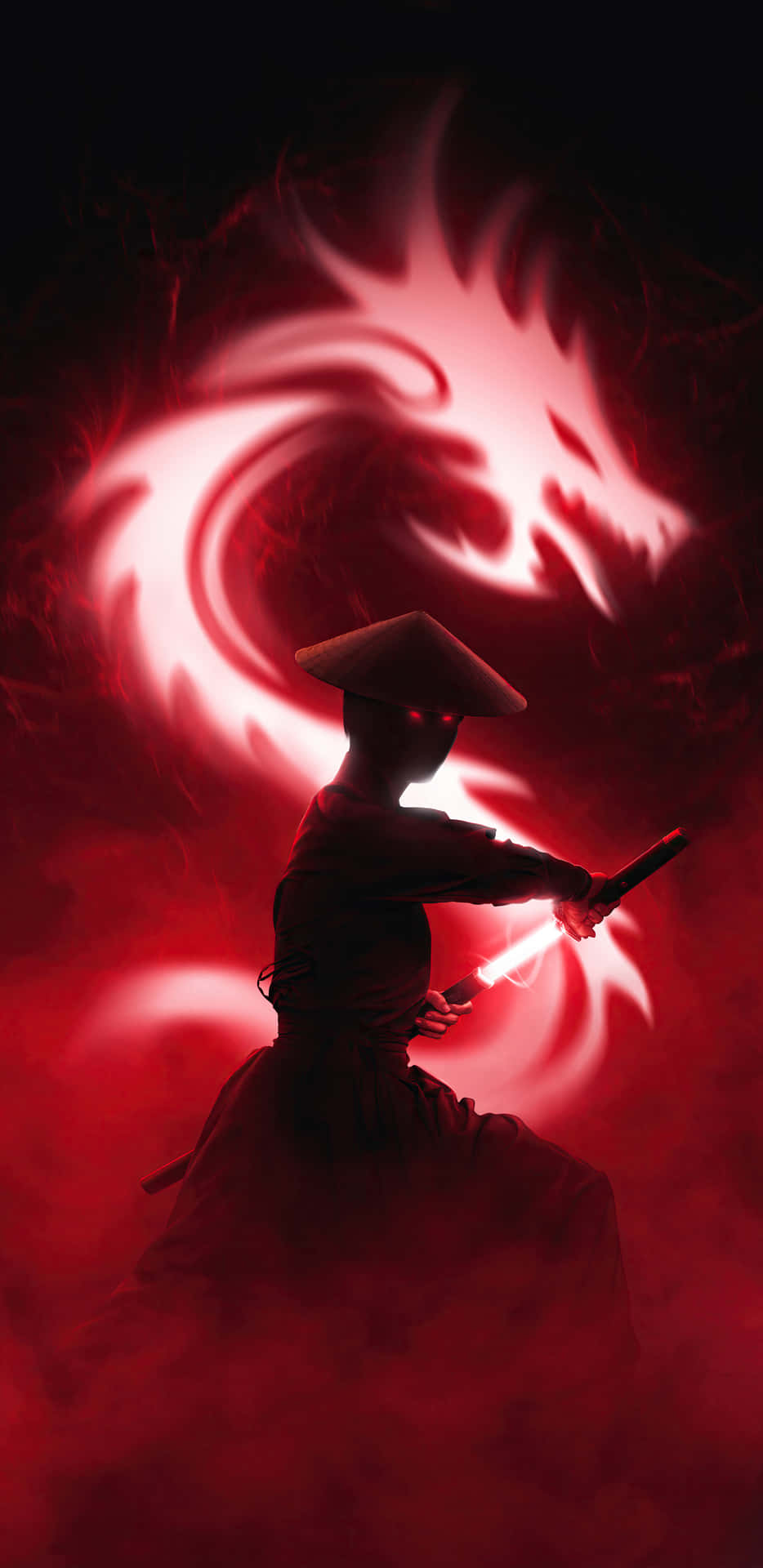 忍者戰士手持發光劍，在黑暗迷霧背景中面對一條紅龍。 — 日式 壁紙