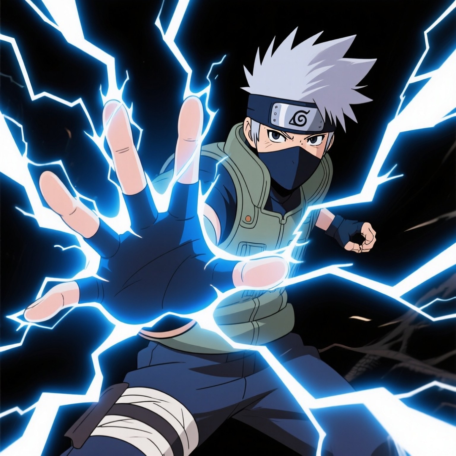 Chidori Strike 壁紙 — 一個擁有白色尖刺頭髮和黑色面具的忍者，在黑暗背景下從他伸出的手中引導出明亮的藍色閃電。