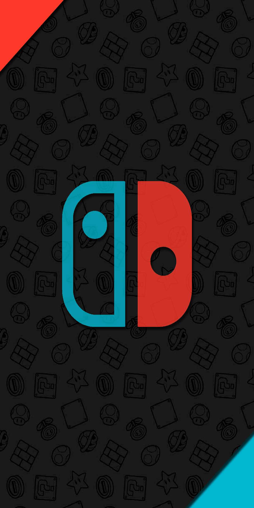Pixel 3 Gaming 桌布 壁紙 — Nintendo Switch 標誌以青綠色和紅色呈現，置中於帶有遊戲圖標圖案的黑背景上。