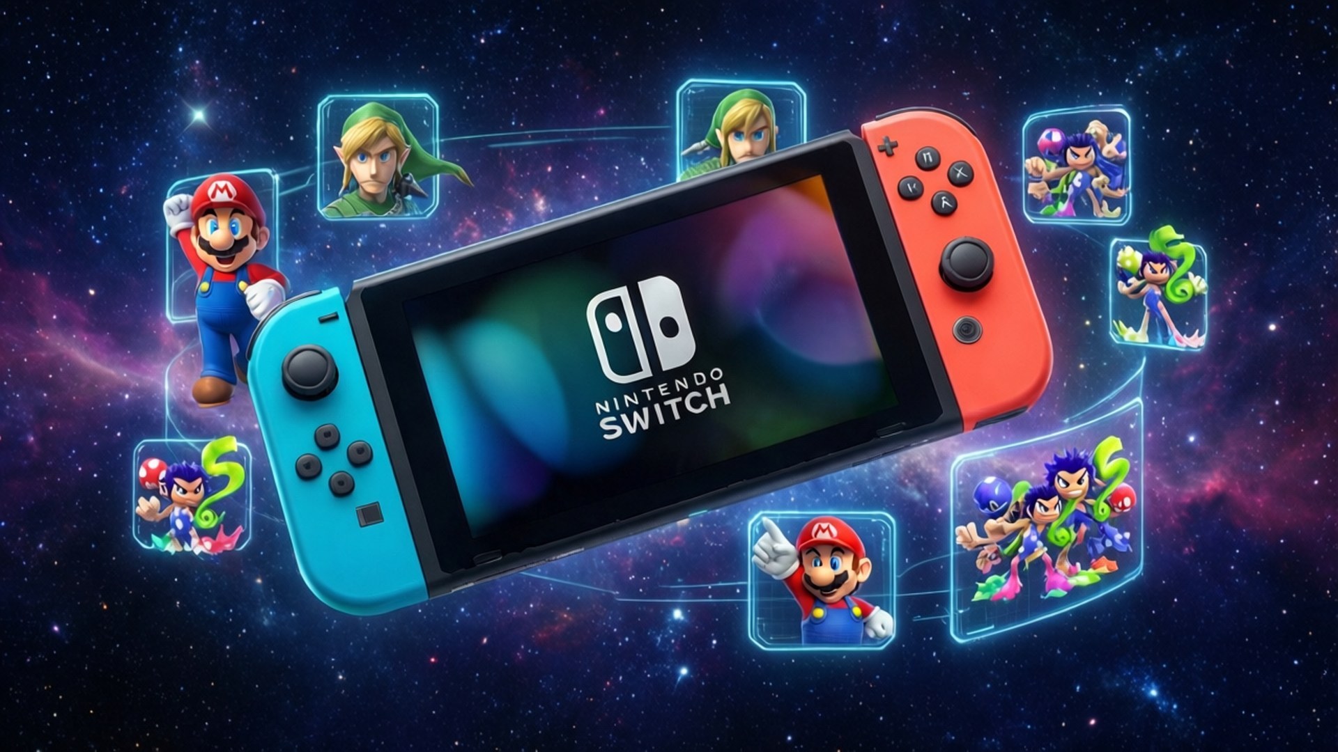 Switch in Space 壁紙 — Nintendo Switch 主機漂浮在繁星銀河中，周圍環繞著標誌性遊戲角色的發光肖像。