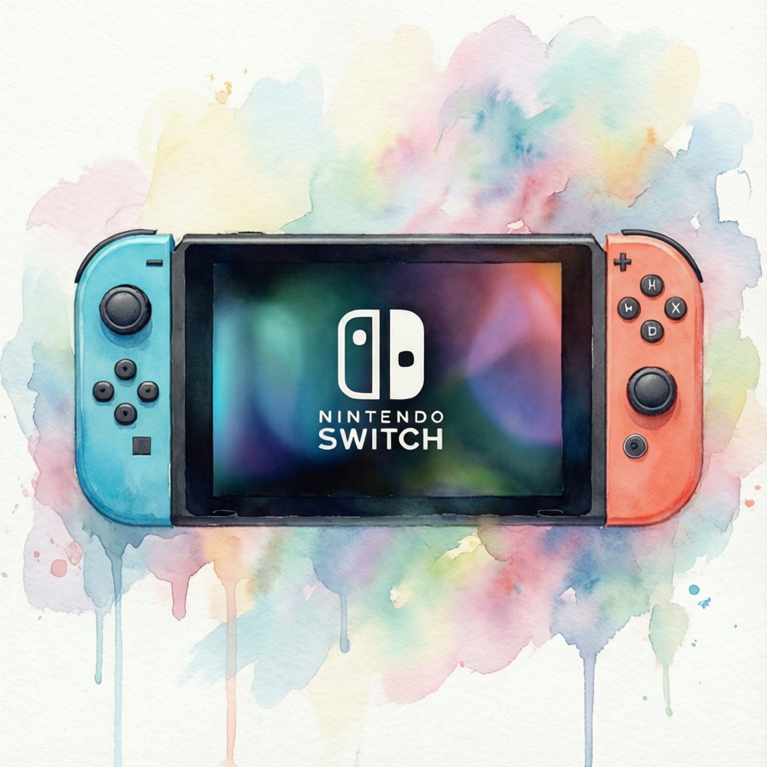Watercolor Switch 壁紙 — 一台配備藍色和紅色Joy-Con的Nintendo Switch主機，放置在充滿活力的粉彩水彩潑濺背景上。