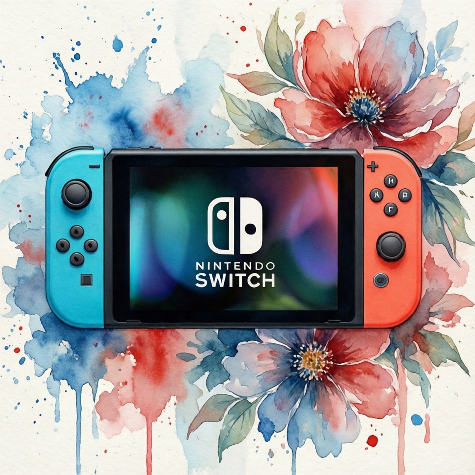 Watercolor Switch 壁紙 — 一台帶有藍色和紅色Joy-Con的Nintendo Switch主機，居中放置於充滿活力的水彩花卉和潑濺之中。