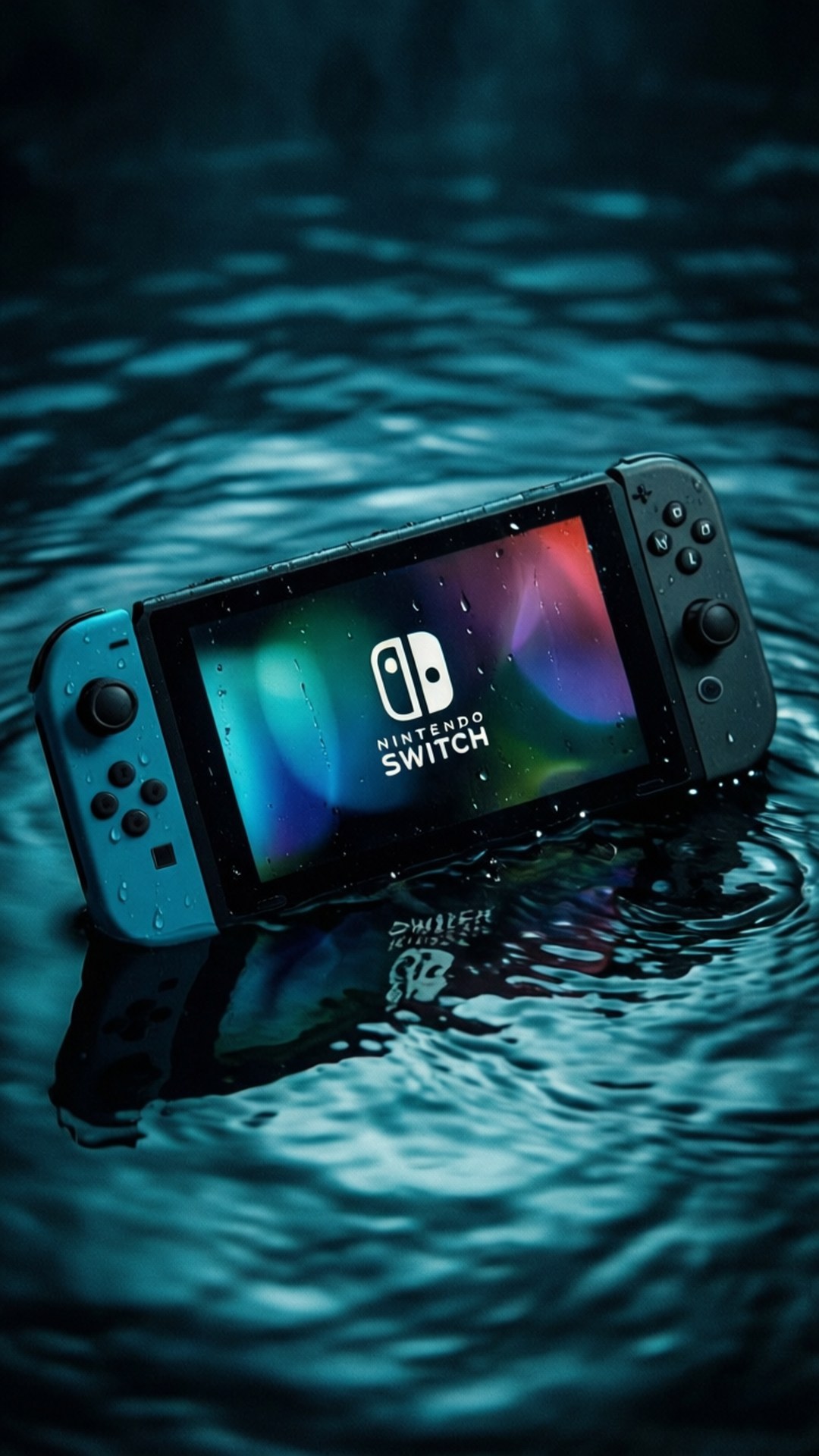 Submerged Switch 壁紙 — 一台Nintendo Switch主機部分浸沒在波光粼粼的深藍綠色水中，螢幕閃爍著色彩繽紛的Switch標誌。
