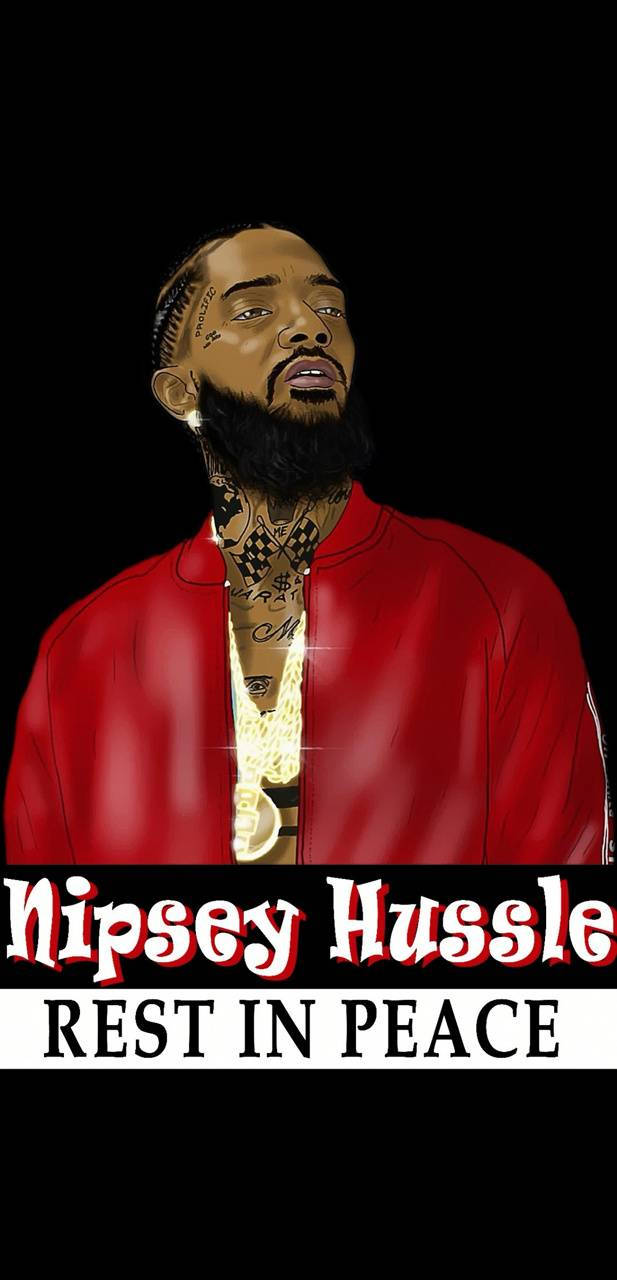 尼普西·哈斯爾 桌布 壁紙 — Nipsey Hussle 身穿紅色外套和金色鏈條，黑色背景上的肖像，附有致敬文字。