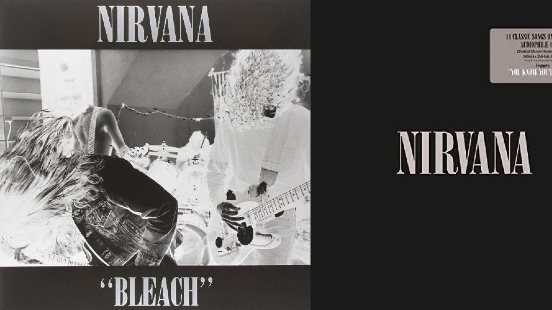 nirvana 4K 桌布 壁紙 — Nirvana 樂團成員在專輯《Bleach》封面上演奏樂器的黑白照片，搭配粗體字型。