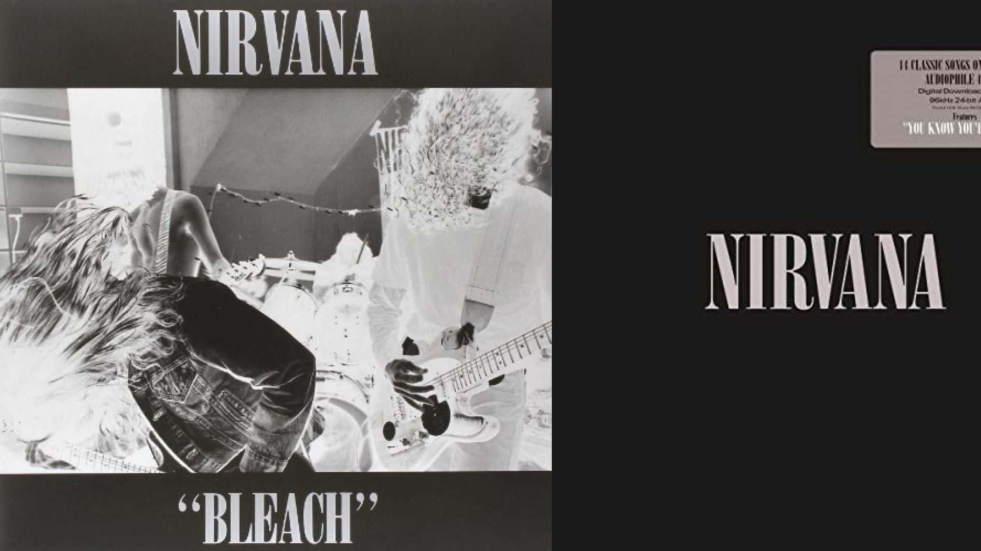 nirvana 桌布 壁紙 — Nirvana 樂團成員在昏暗的房間裡彈吉他，背景有燈串的黑白照片。