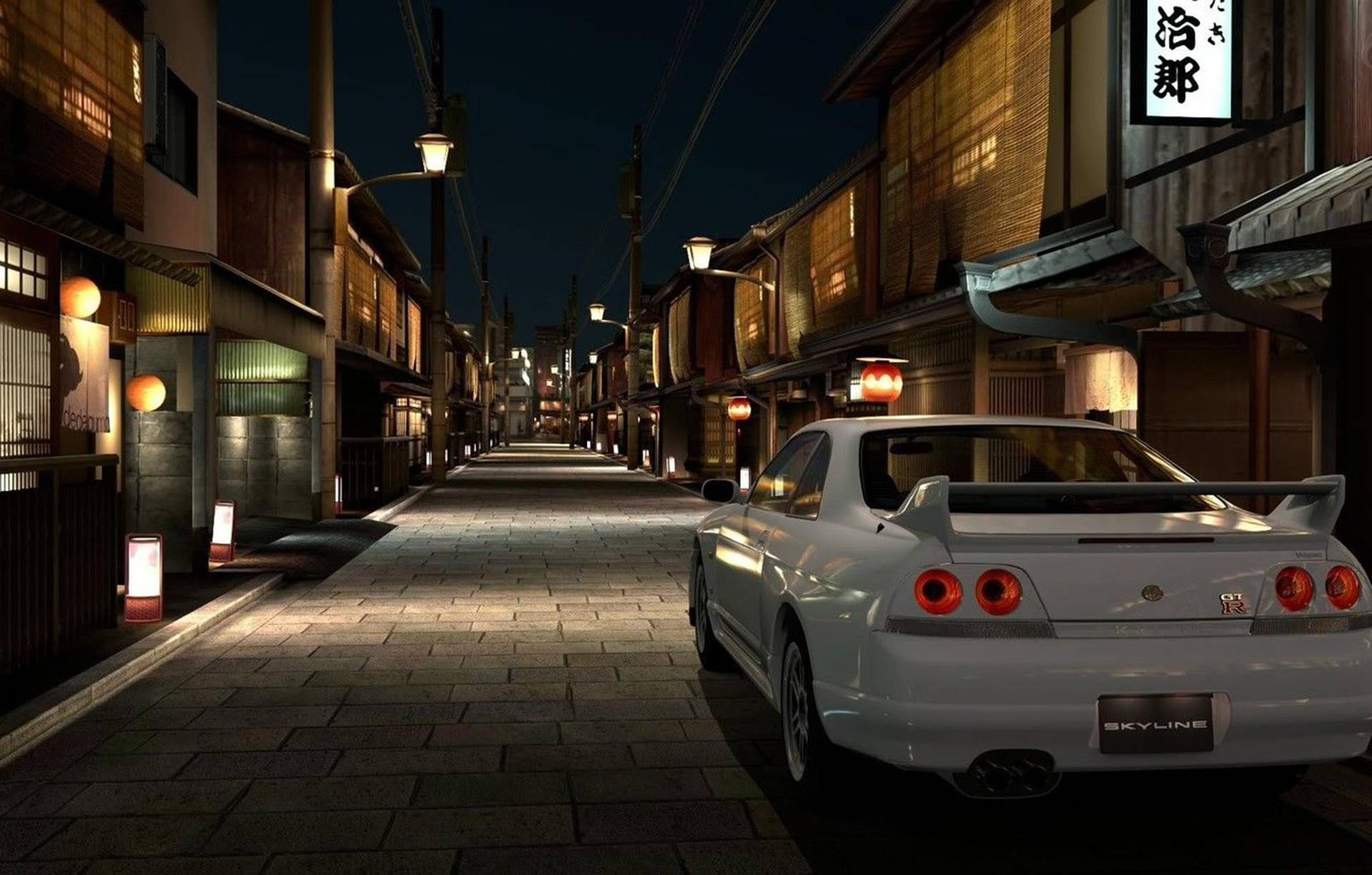 白色日產Skyline GT-R夜晚停在燈籠照亮的日本街道上。 — 日產Skyline GTR R33壁紙 壁紙