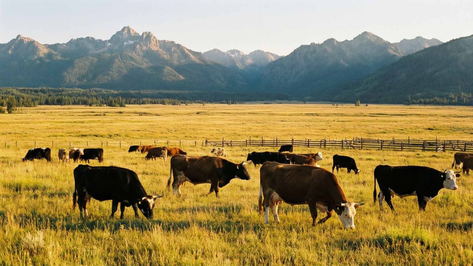 Ranch Grazing Cattle 壁紙 — 牛群在金色田野中吃草，木柵欄後方有積雪山脈在柔和陽光下聳立。