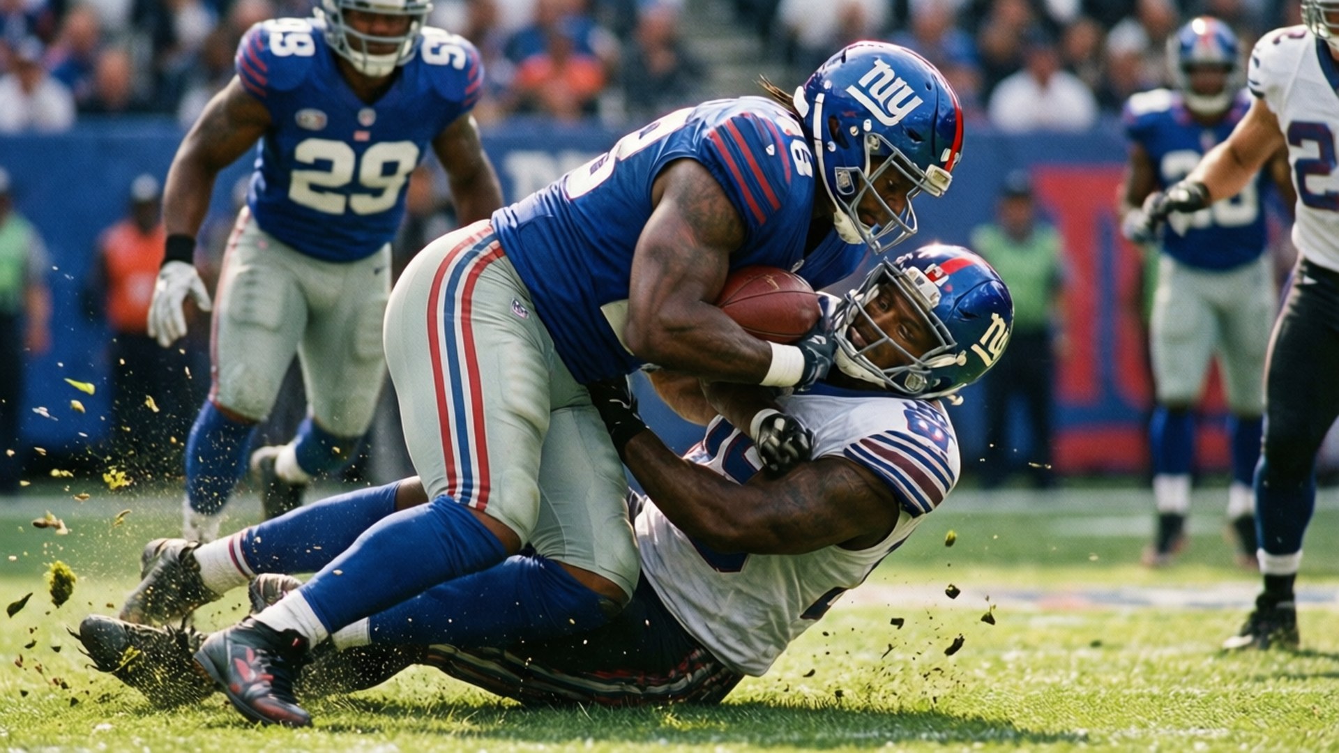 Breaking Tackles 壁紙 — 紐約巨人隊的跑衛被紐約噴射機隊的防守球員擒抱，草和泥土飛揚，展現動態的足球比賽。