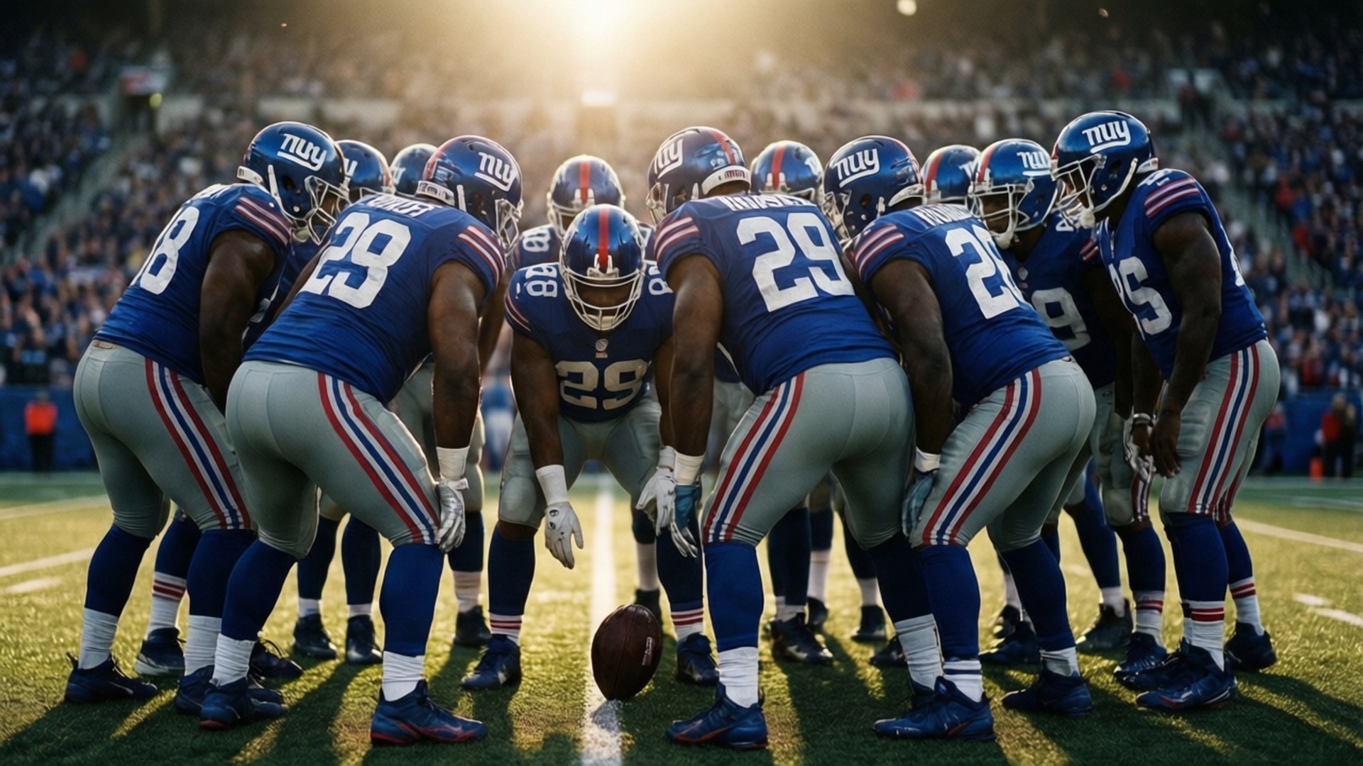 Giants Huddle Drama 壁紙 — 紐約巨人隊美式足球球員在陽光明媚的場地上緊密圍成一圈，中間有一個足球。