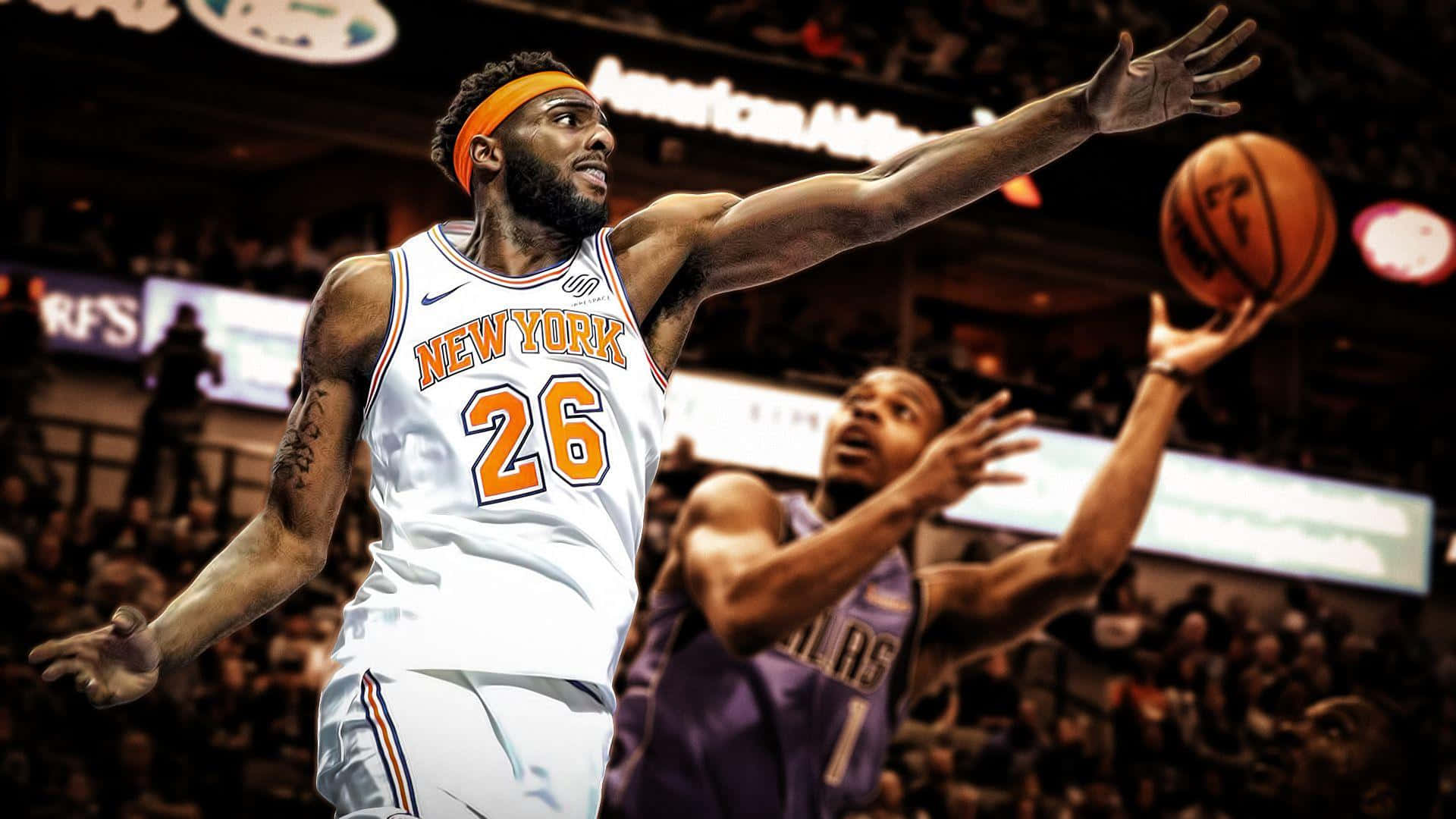 身穿白色26號球衣的籃球運動員在場館內阻擋投籃。 — NBA 壁紙
